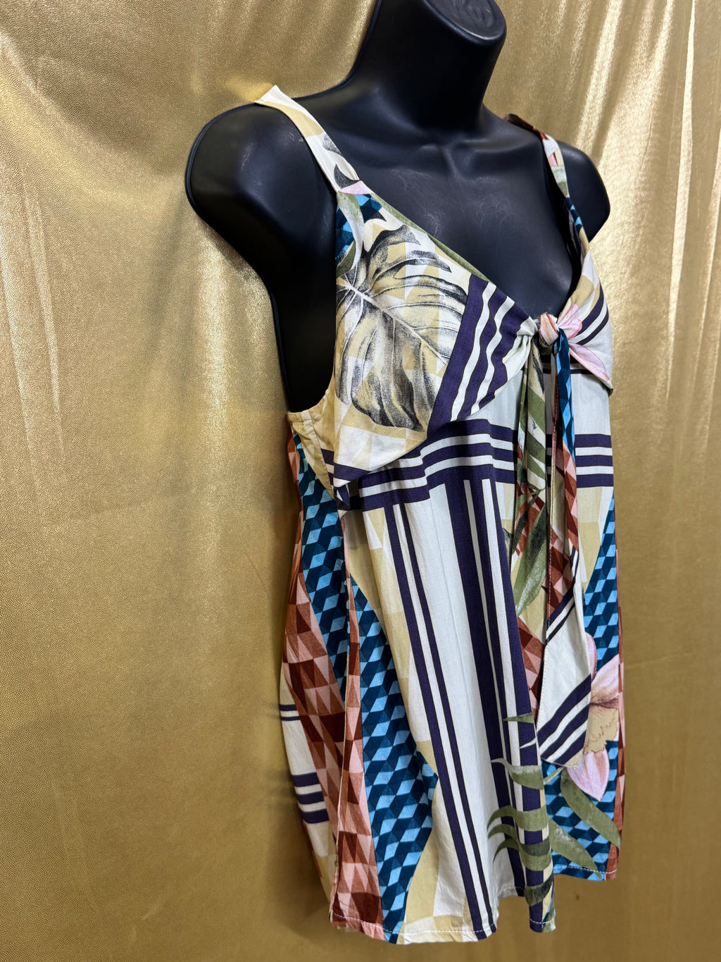 ELAVESTE Brazil Tropical Patchwork Tie-Front Cami Tank Top | Size Large (46)