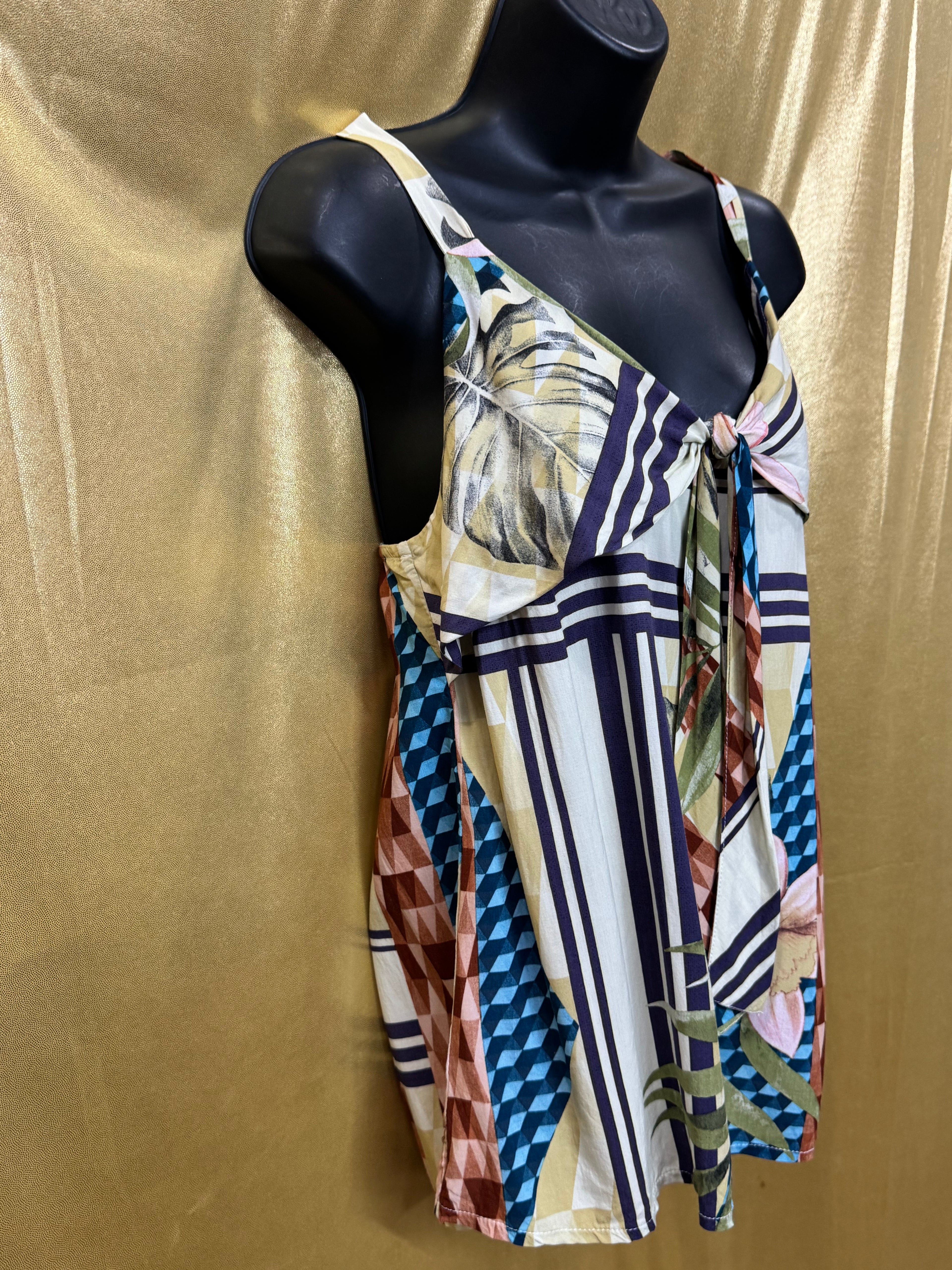 ELAVESTE Brazil Tropical Patchwork Tie-Front Cami Tank Top | Size Large (46)