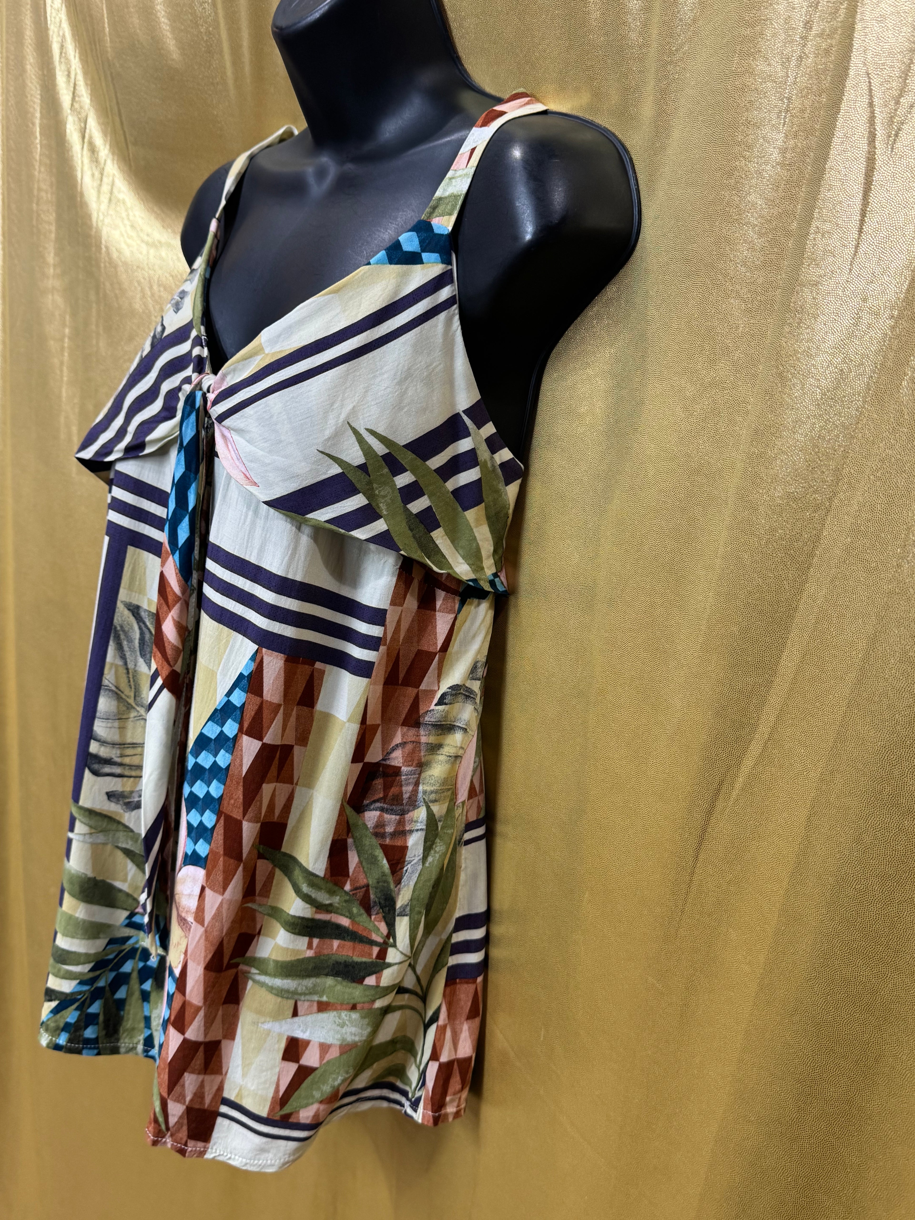ELAVESTE Brazil Tropical Patchwork Tie-Front Cami Tank Top | Size Large (46)