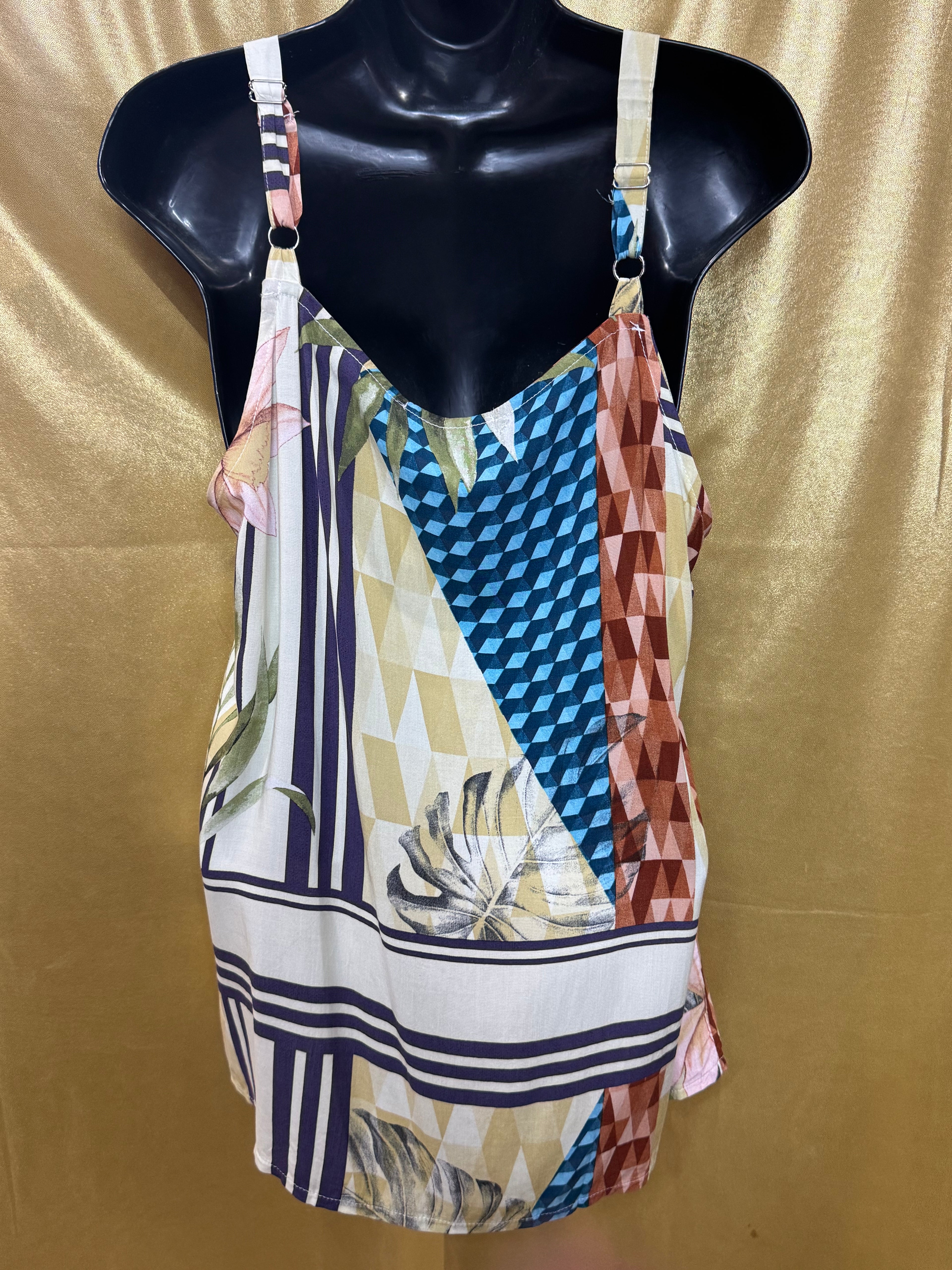 ELAVESTE Brazil Tropical Patchwork Tie-Front Cami Tank Top | Size Large (46)