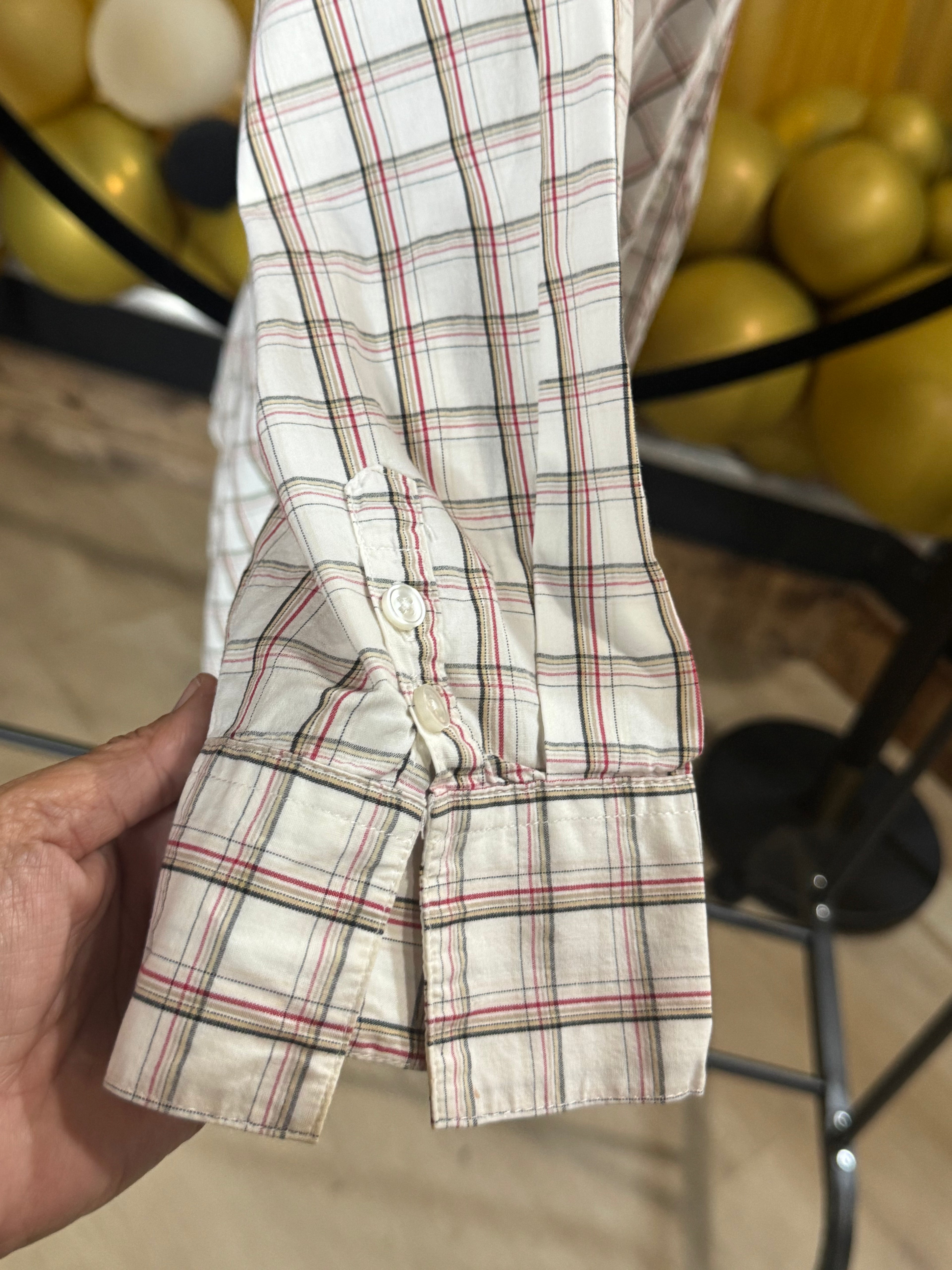 Kim Rogers White, Red & Brown Plaid 3/4 Sleeve Blouse