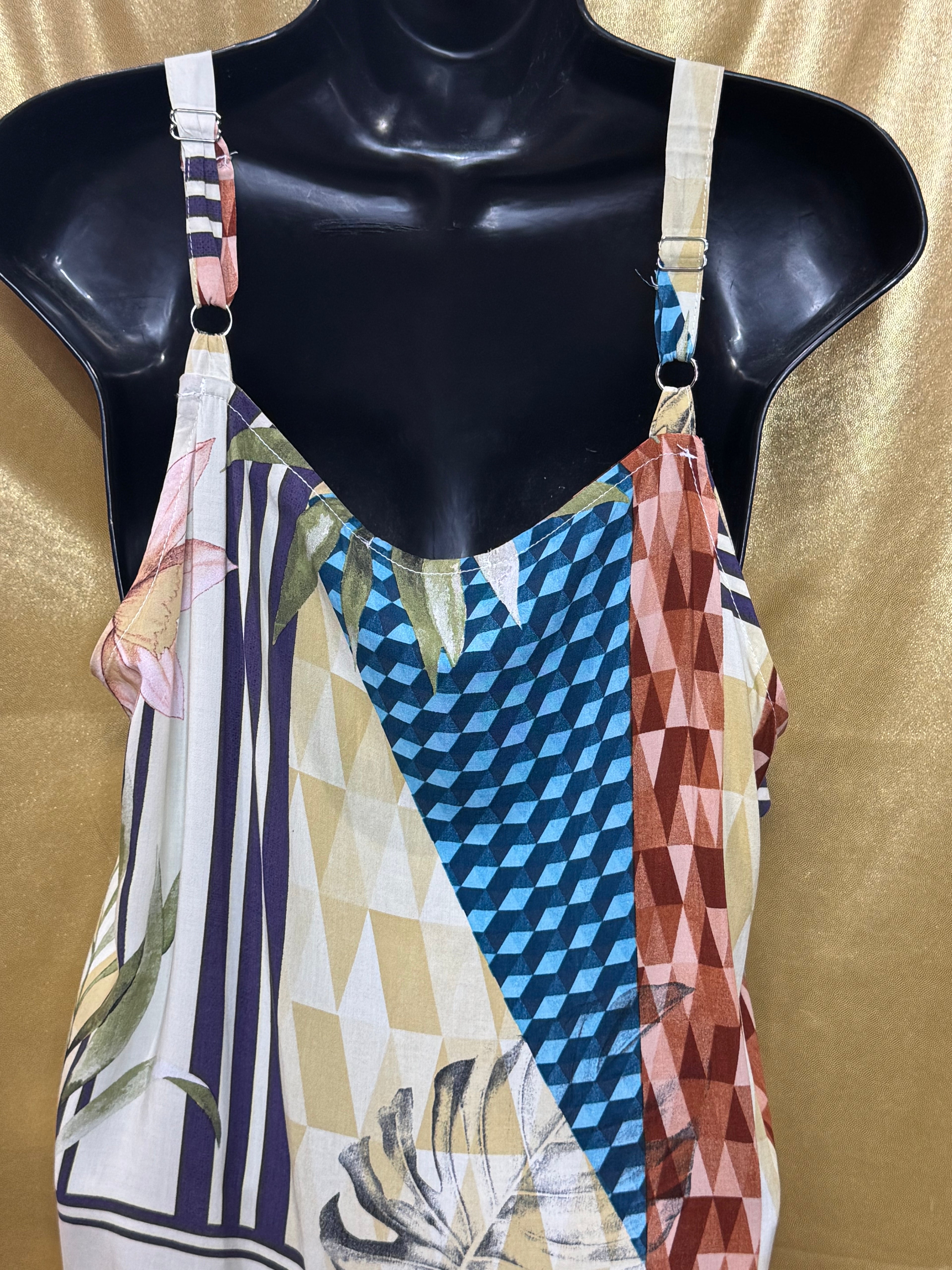 ELAVESTE Brazil Tropical Patchwork Tie-Front Cami Tank Top | Size Large (46)