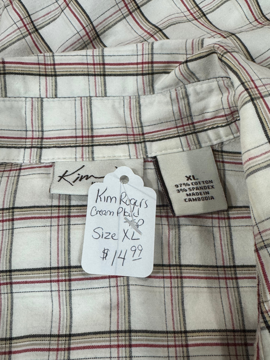 Kim Rogers White, Red & Brown Plaid 3/4 Sleeve Blouse