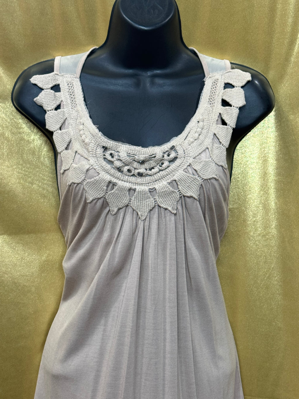 Kenar Cream Modal Babydoll Tunic Top Crochet Beaded Neckline Size Large
