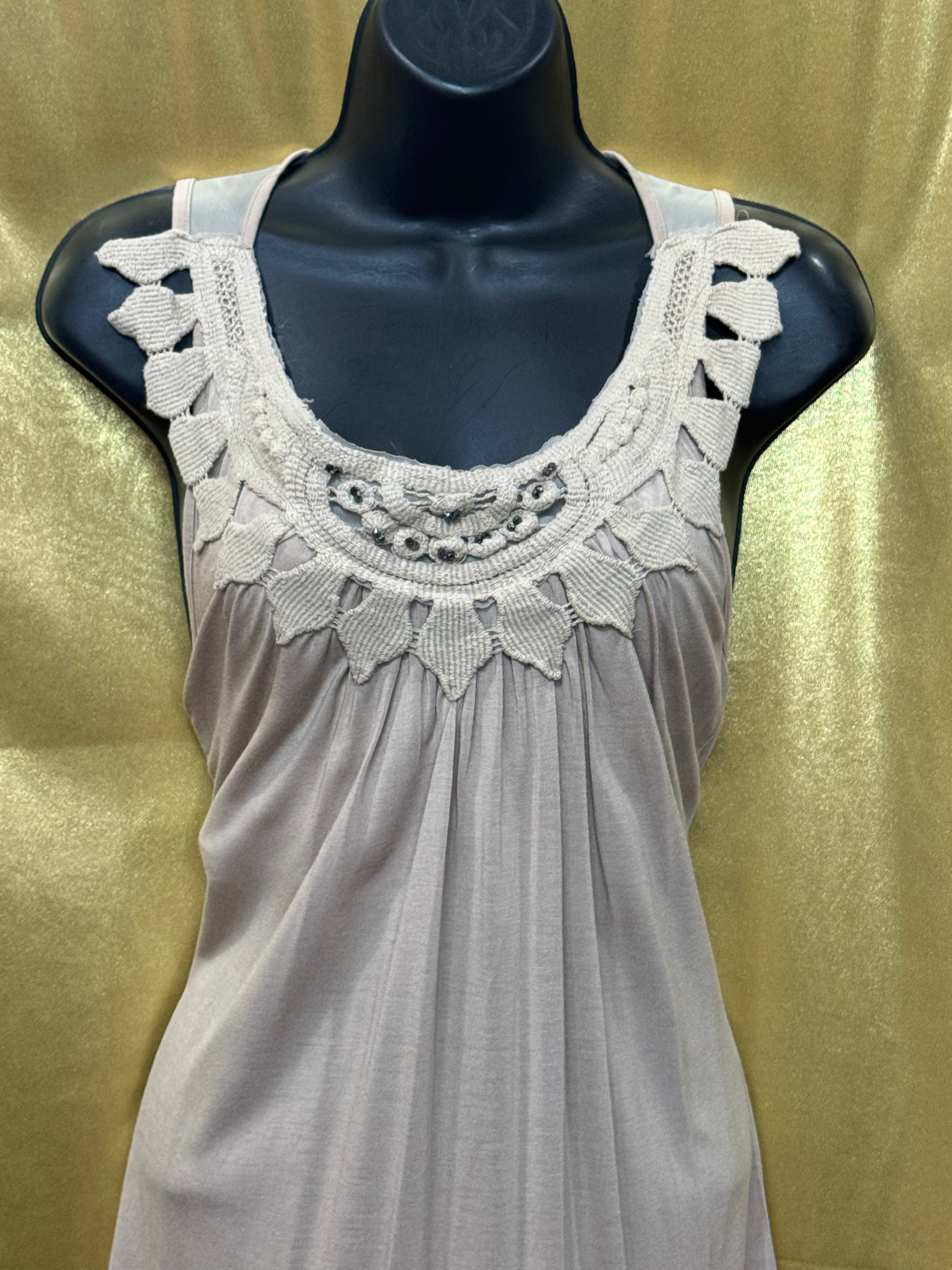 Kenar Cream Modal Babydoll Tunic Top Crochet Beaded Neckline Size Large