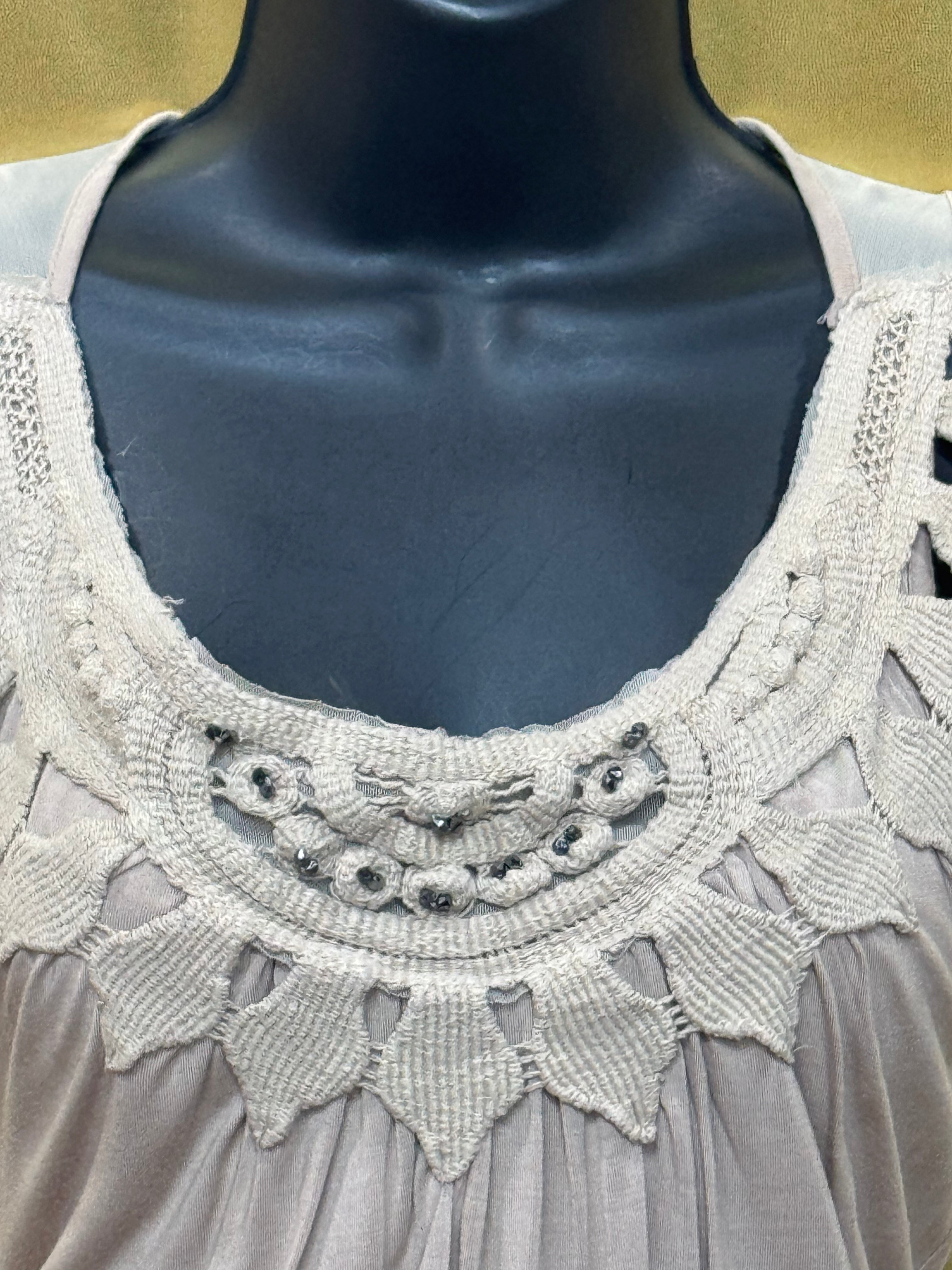 Kenar Cream Modal Babydoll Tunic Top Crochet Beaded Neckline Size Large