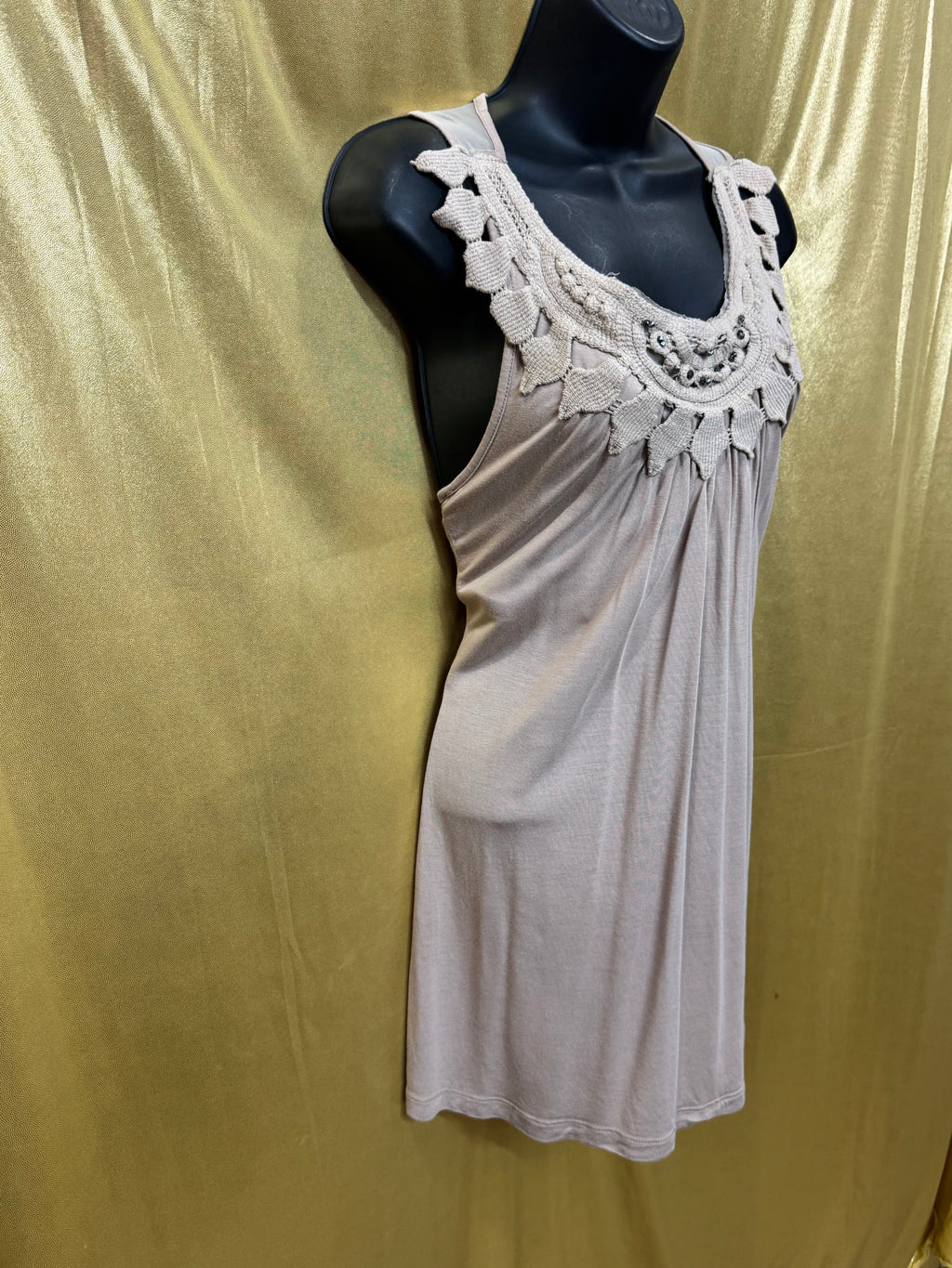 Kenar Cream Modal Babydoll Tunic Top Crochet Beaded Neckline Size Large