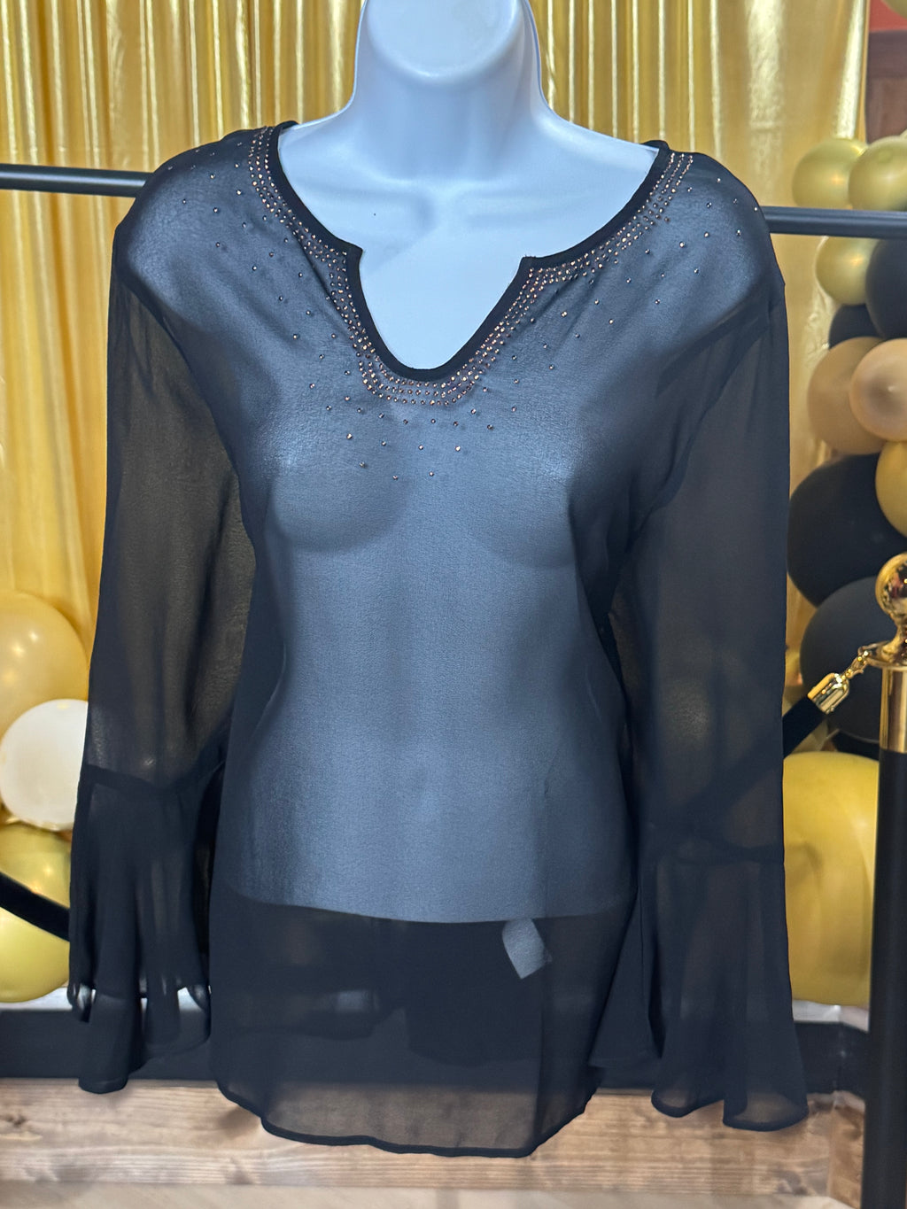 New Directions Black Sheer Bell Sleeve Sequin Blouse Sz XL
