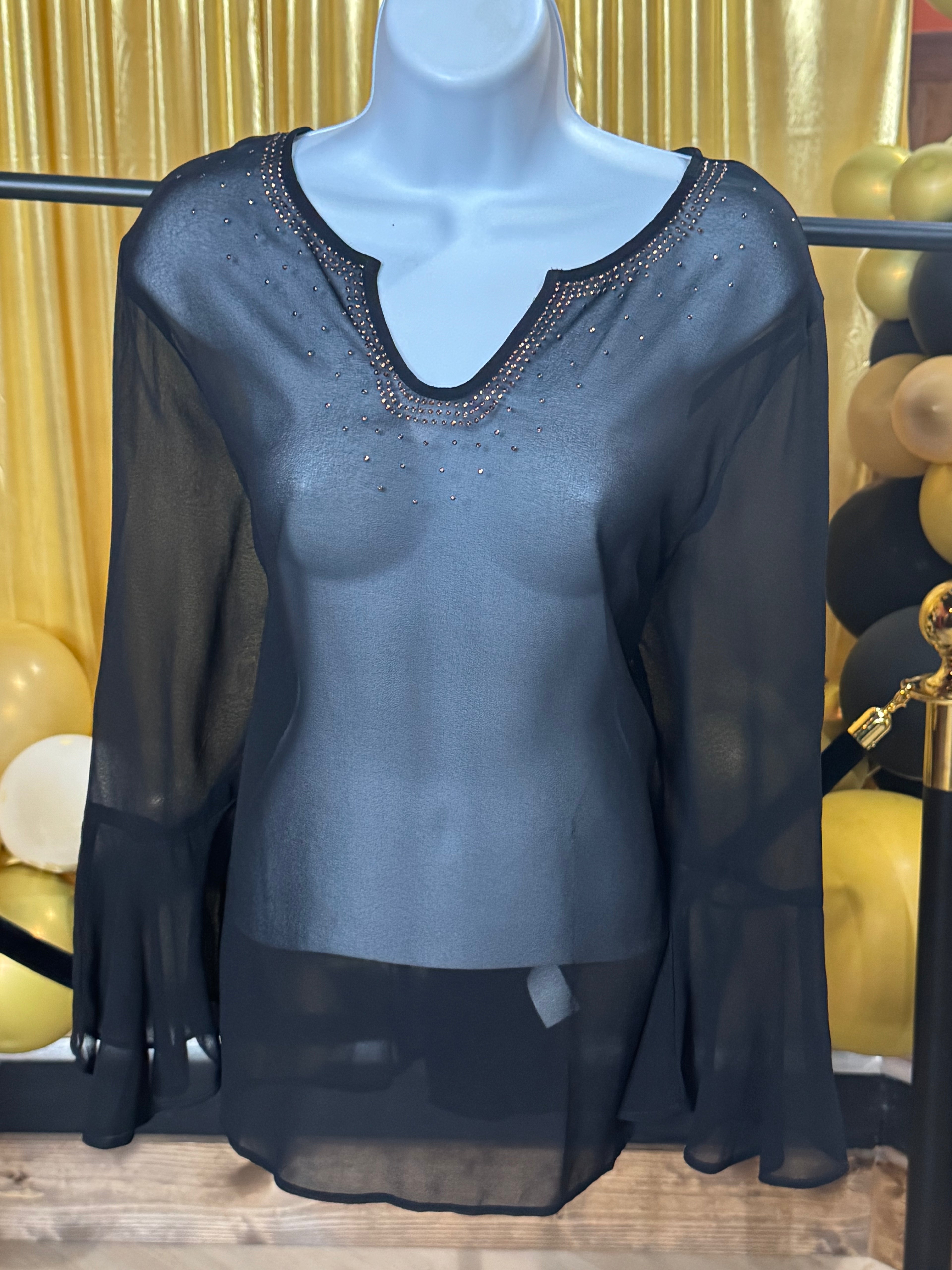 New Directions Black Sheer Bell Sleeve Sequin Blouse Sz XL