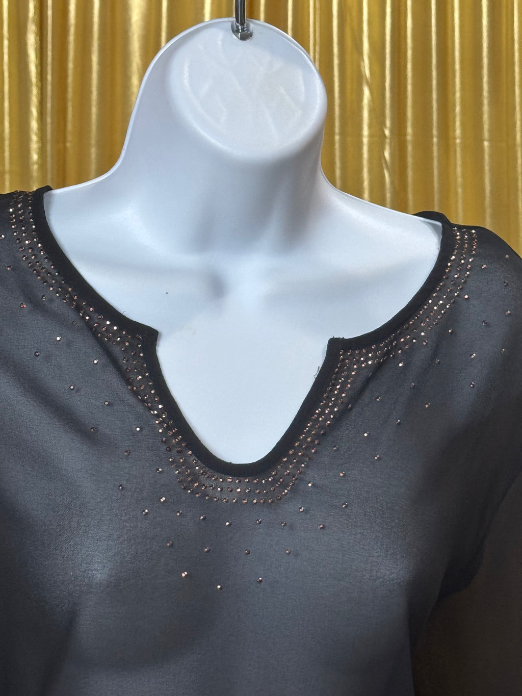 New Directions Black Sheer Bell Sleeve Sequin Blouse Sz XL