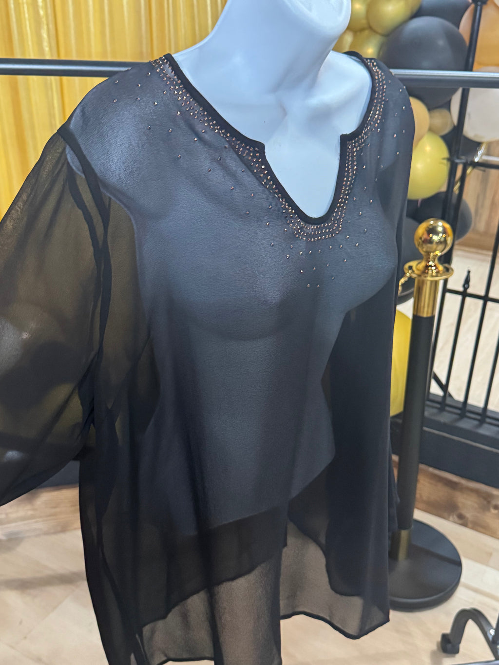New Directions Black Sheer Bell Sleeve Sequin Blouse Sz XL