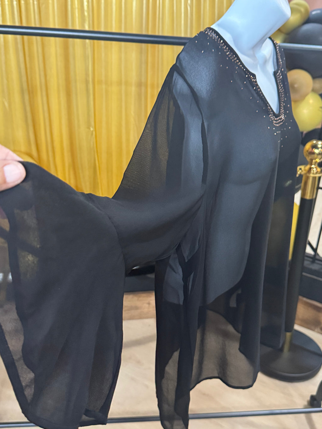New Directions Black Sheer Bell Sleeve Sequin Blouse Sz XL