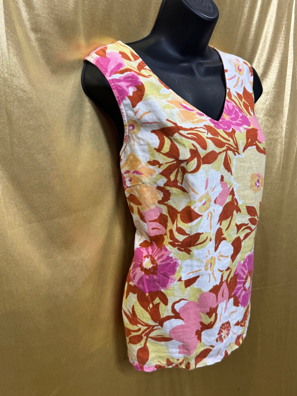 Hot Cotton Floral Linen Tank Top V-Neck Sleeveless Blouse Size Large