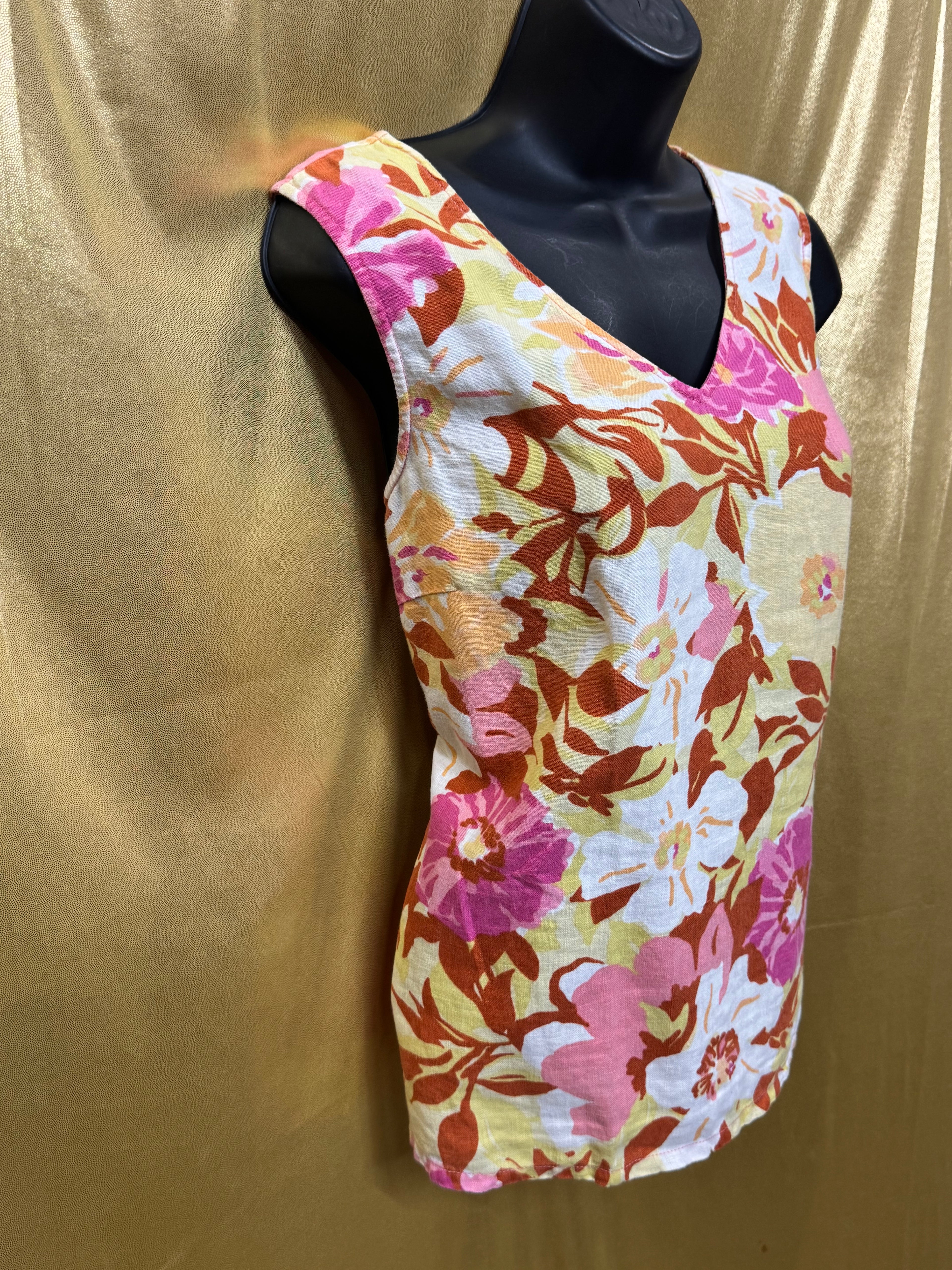 Hot Cotton Floral Linen Tank Top V-Neck Sleeveless Blouse Size Large