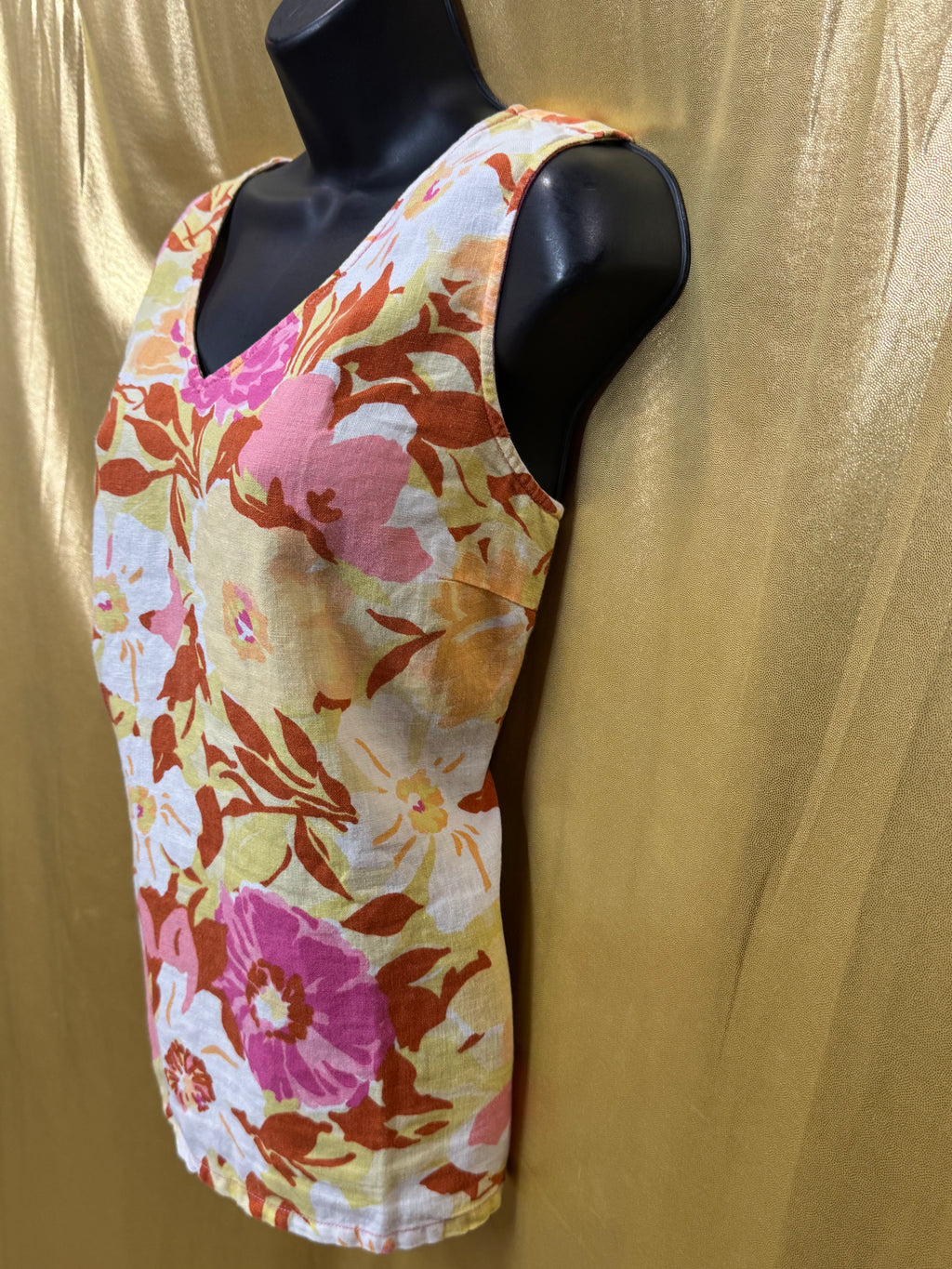 Hot Cotton Floral Linen Tank Top V-Neck Sleeveless Blouse Size Large