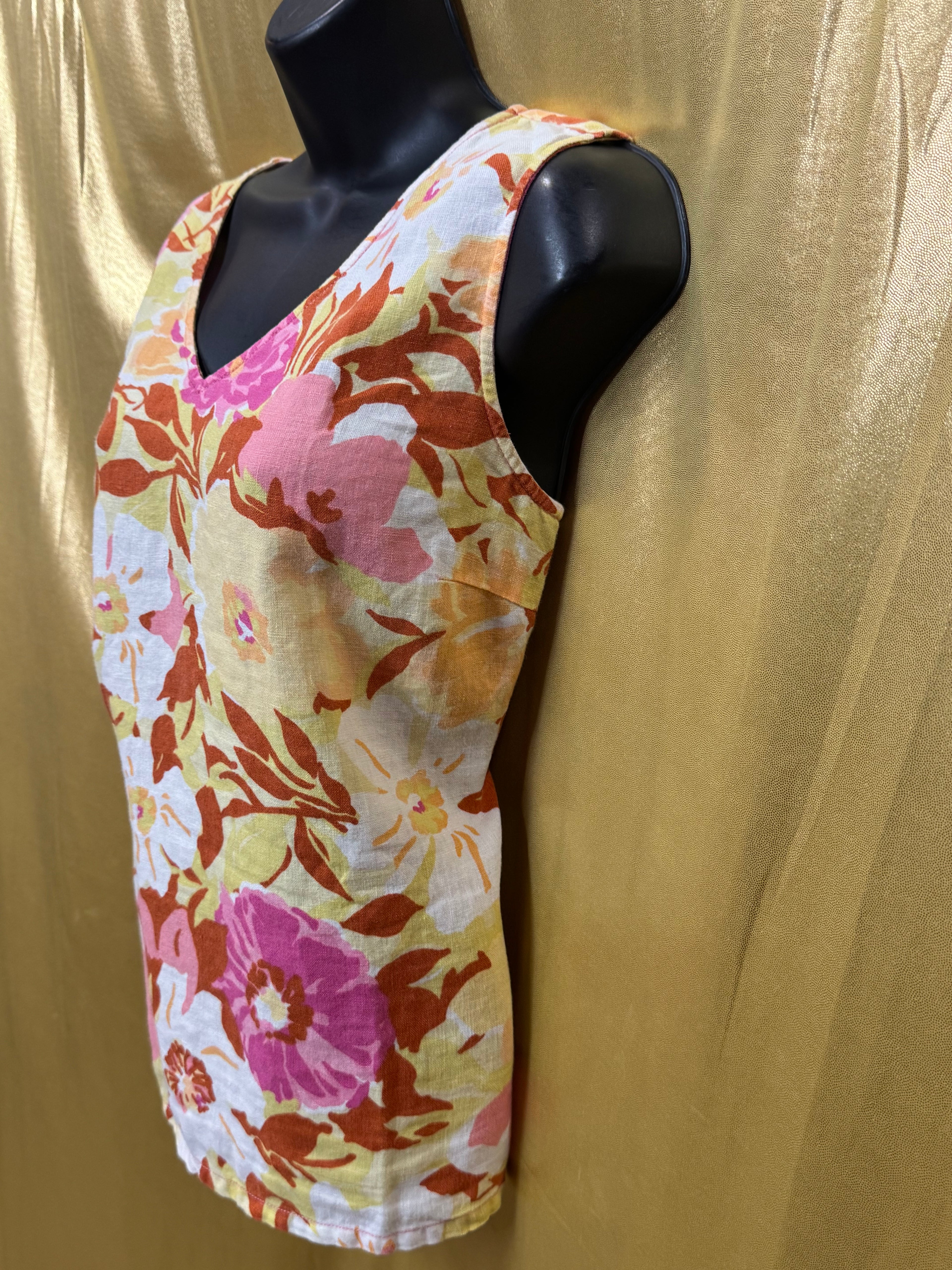 Hot Cotton Floral Linen Tank Top V-Neck Sleeveless Blouse Size Large