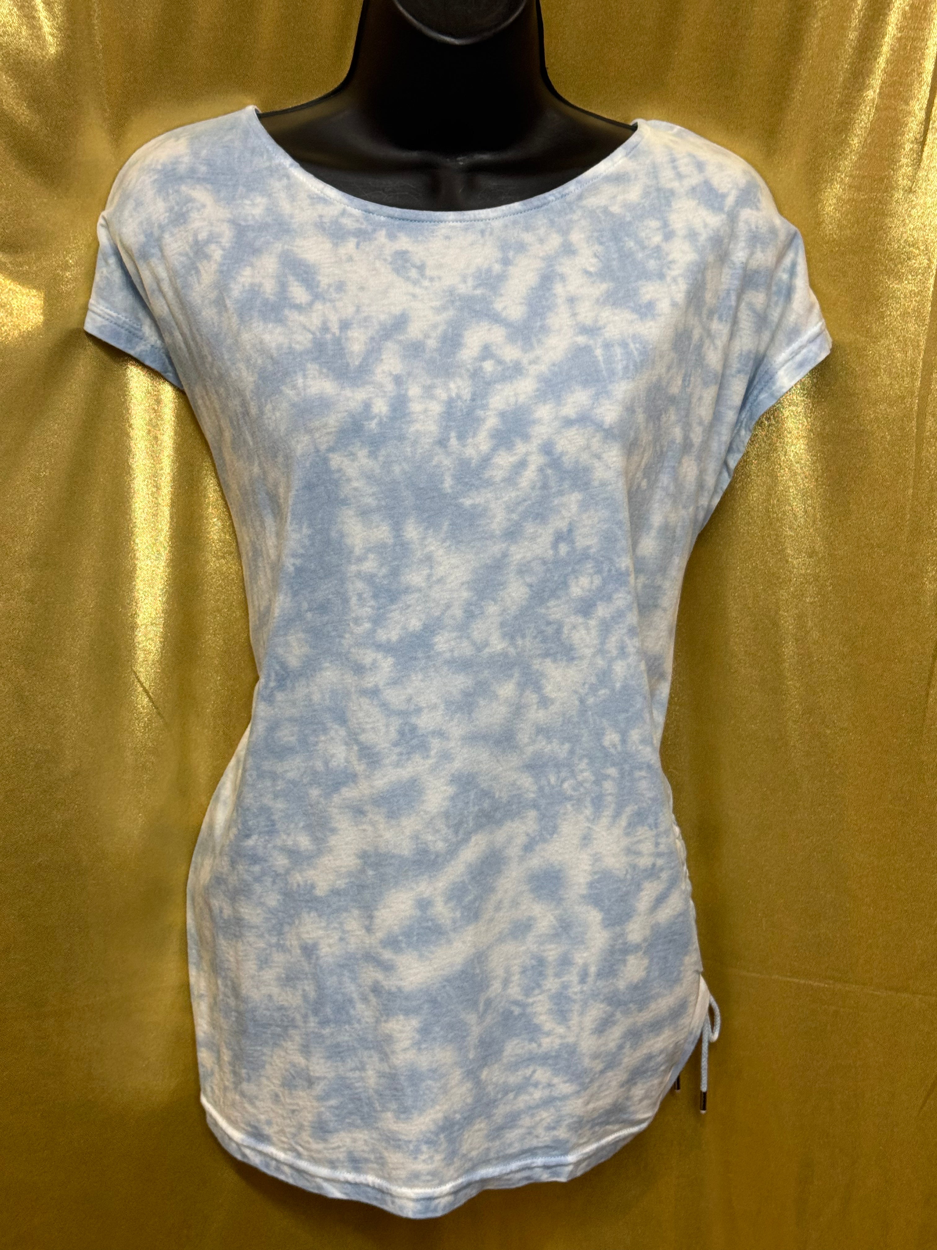 Chaps Blue Tie Dye Side Cinch T-Shirt Large Cotton Modal Cap Sleeve Tee 🌀