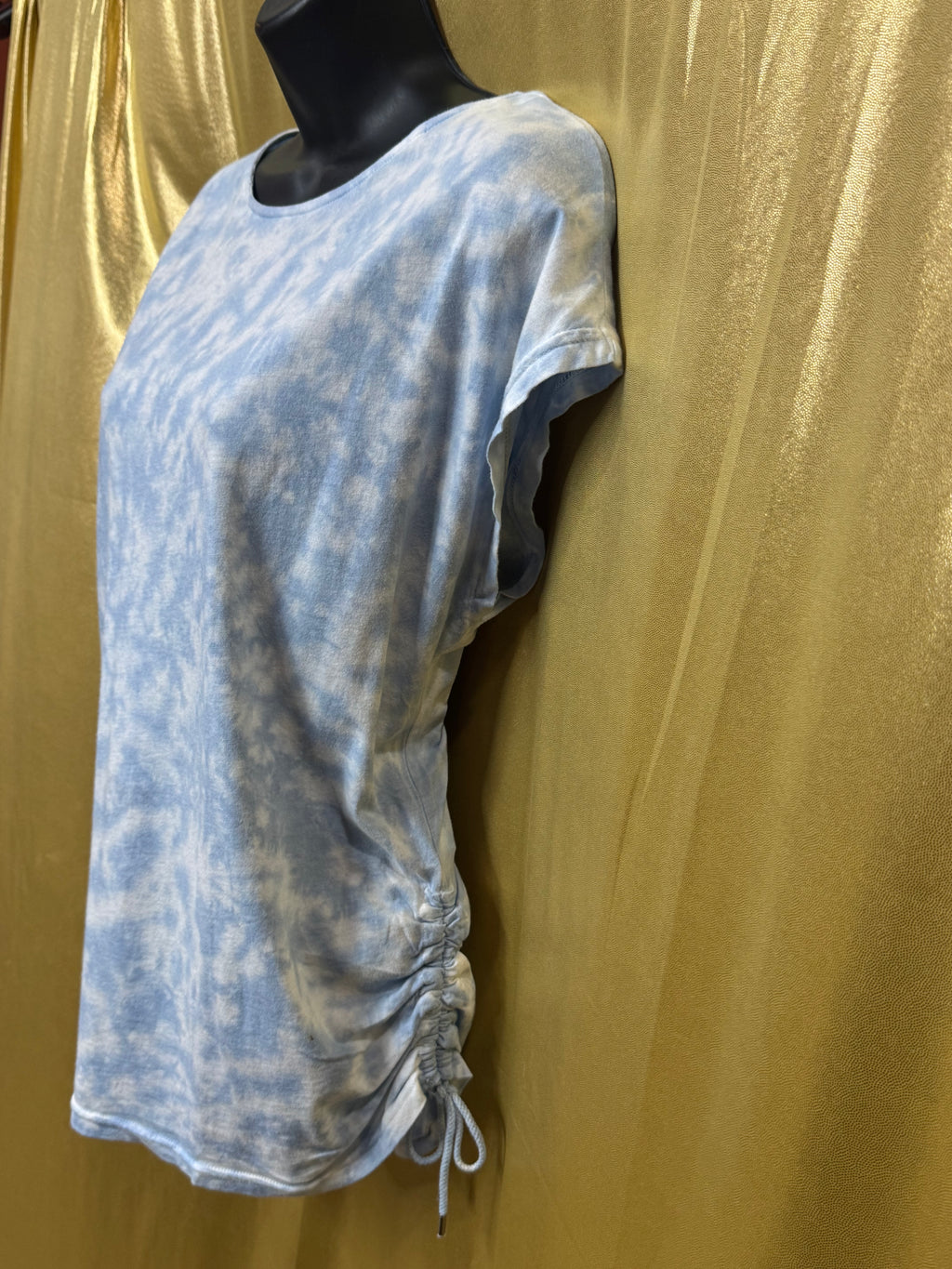 Chaps Blue Tie Dye Side Cinch T-Shirt Large Cotton Modal Cap Sleeve Tee 🌀