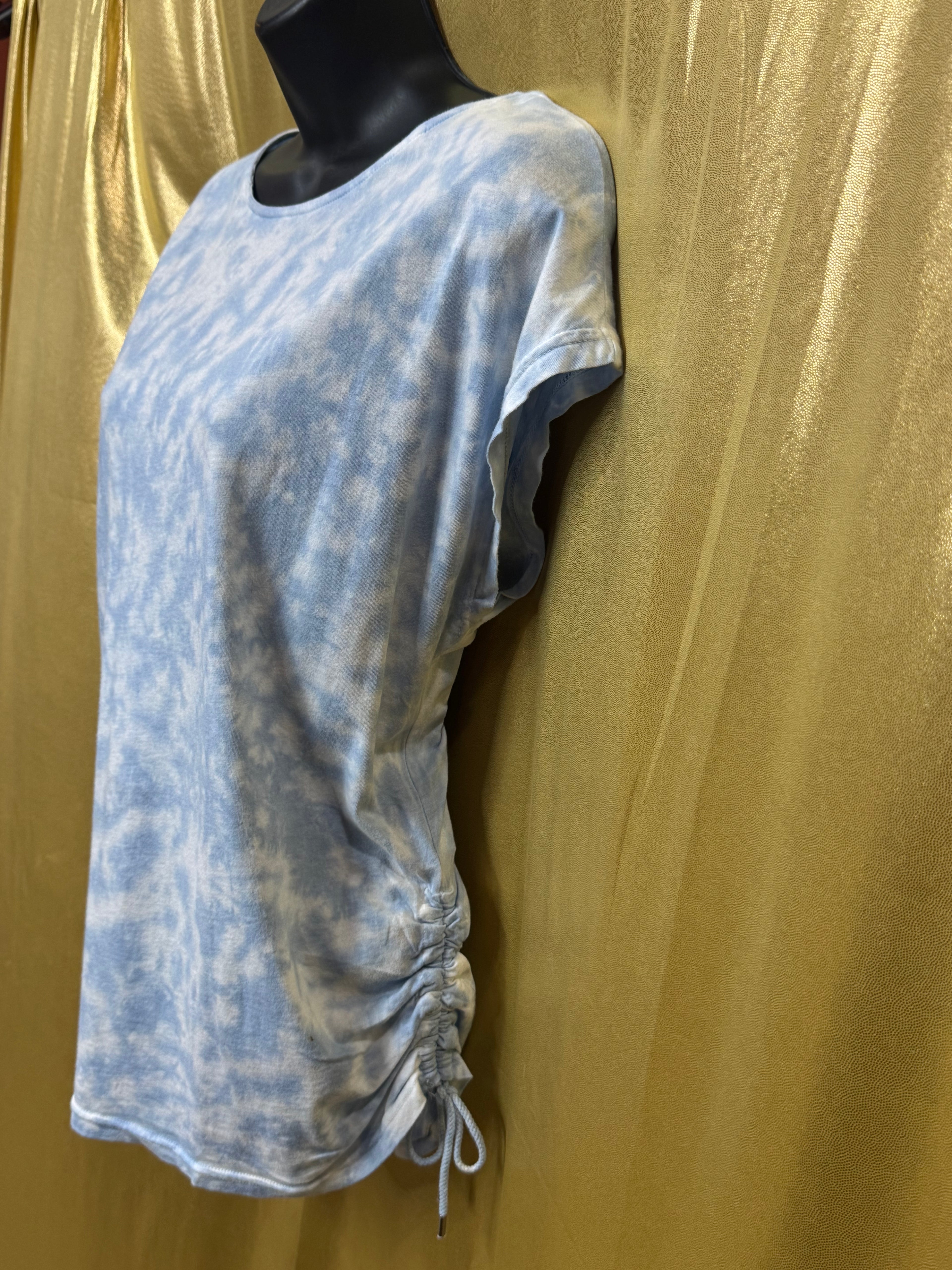 Chaps Blue Tie Dye Side Cinch T-Shirt Large Cotton Modal Cap Sleeve Tee 🌀