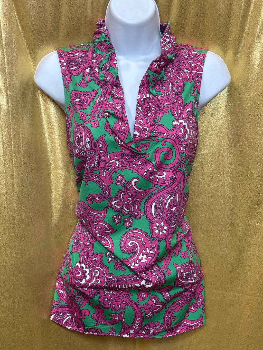 Crown & Ivy Pink Green Paisley Ruffle Neck Sleeveless Top Size L Nylon Spandex