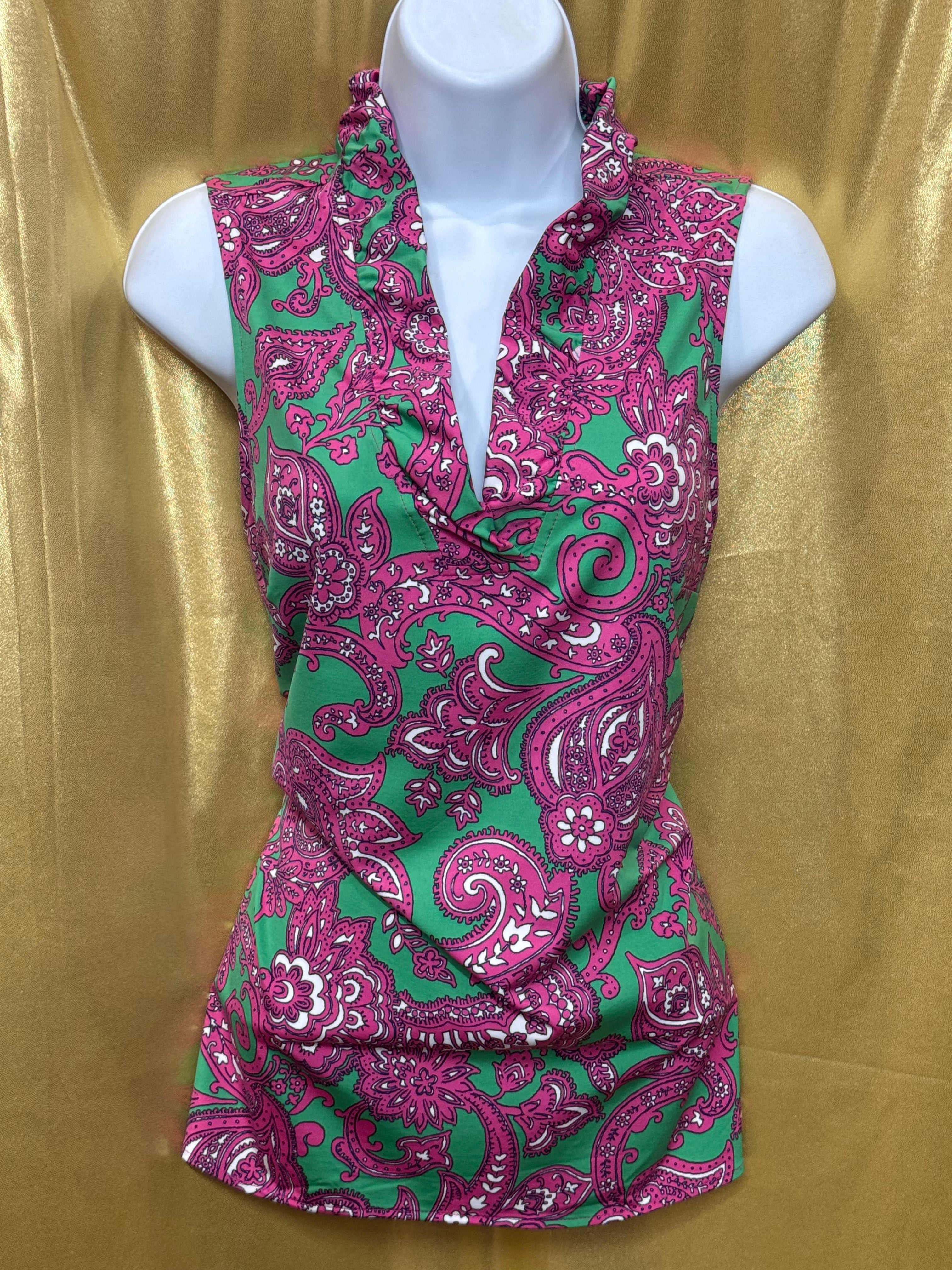 Crown & Ivy Pink Green Paisley Ruffle Neck Sleeveless Top Size L Nylon Spandex