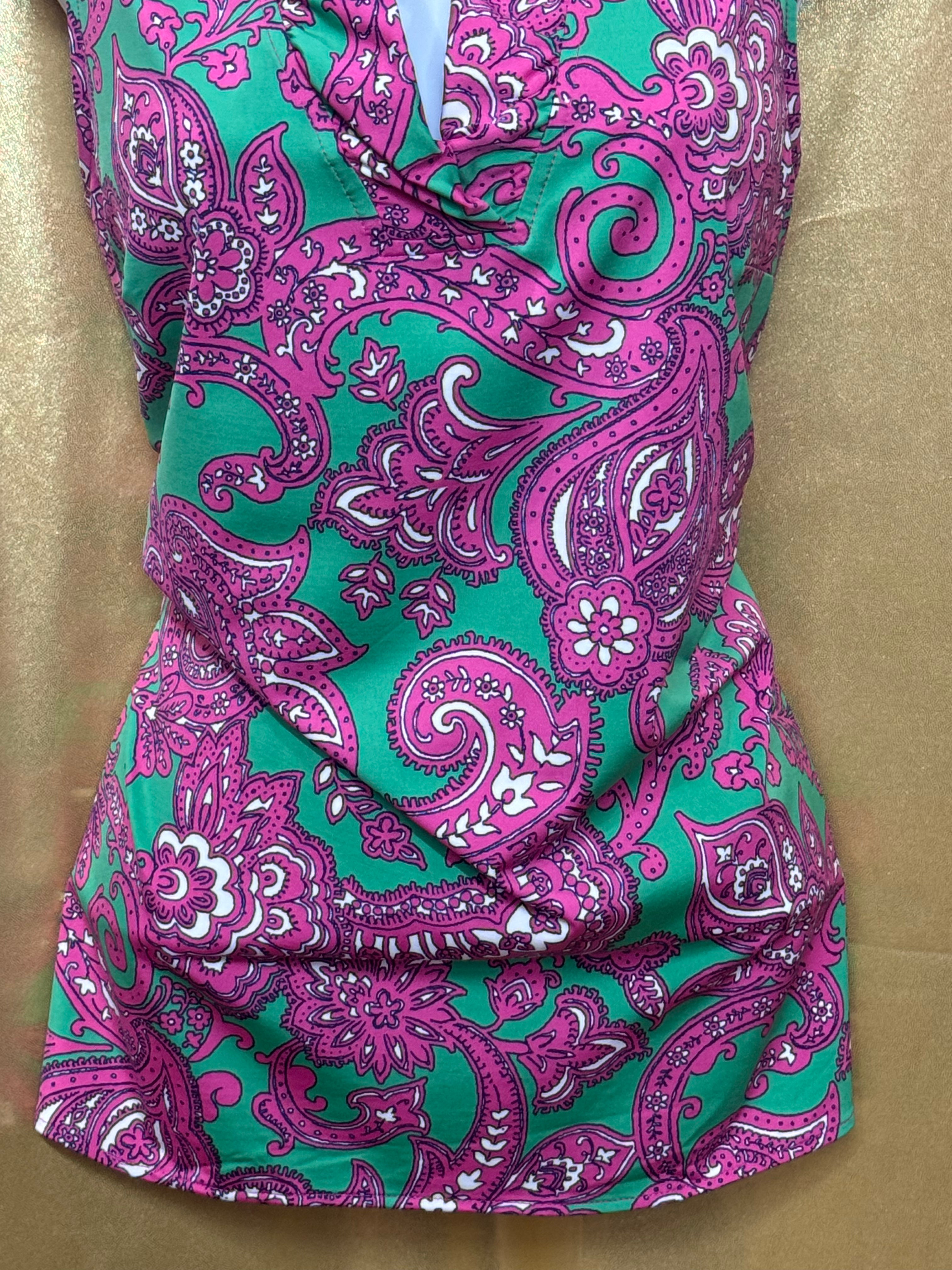 Crown & Ivy Pink Green Paisley Ruffle Neck Sleeveless Top Size L Nylon Spandex