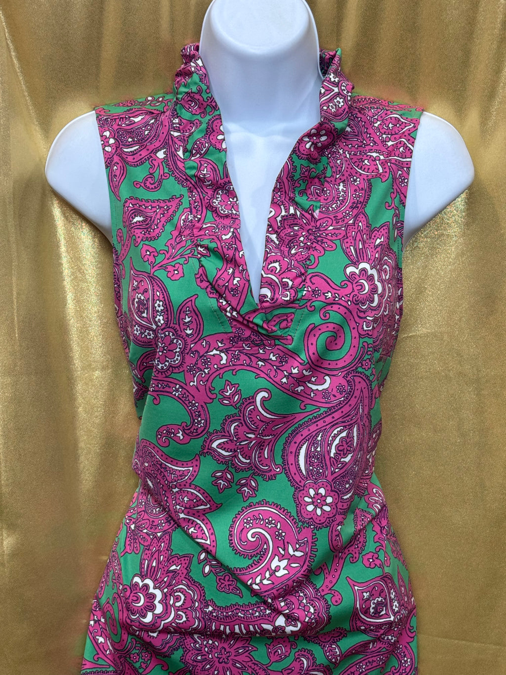 Crown & Ivy Pink Green Paisley Ruffle Neck Sleeveless Top Size L Nylon Spandex