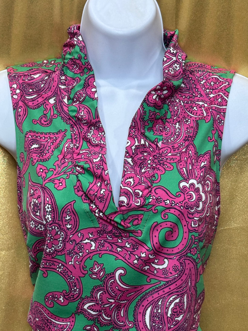 Crown & Ivy Pink Green Paisley Ruffle Neck Sleeveless Top Size L Nylon Spandex