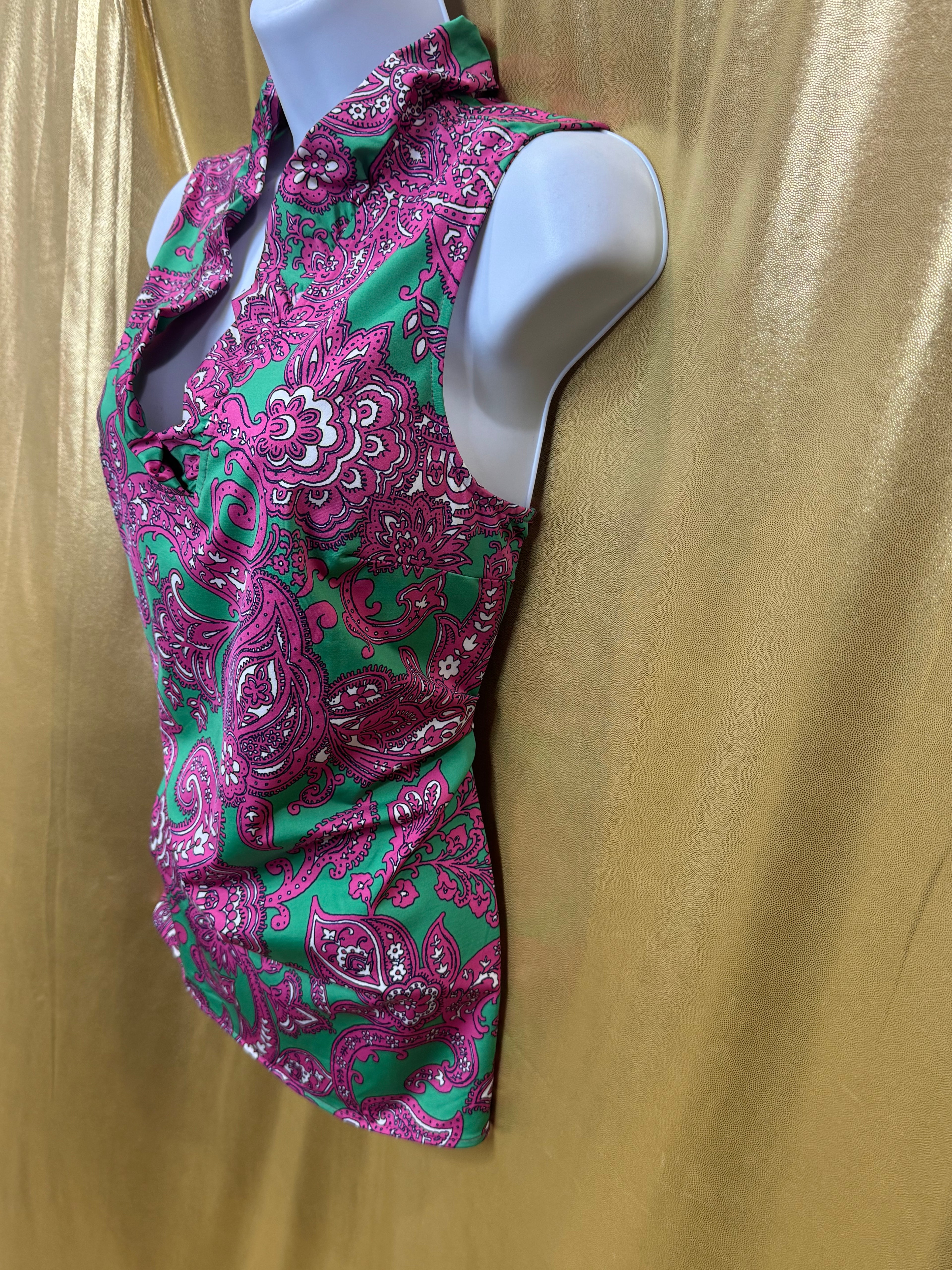 Crown & Ivy Pink Green Paisley Ruffle Neck Sleeveless Top Size L Nylon Spandex