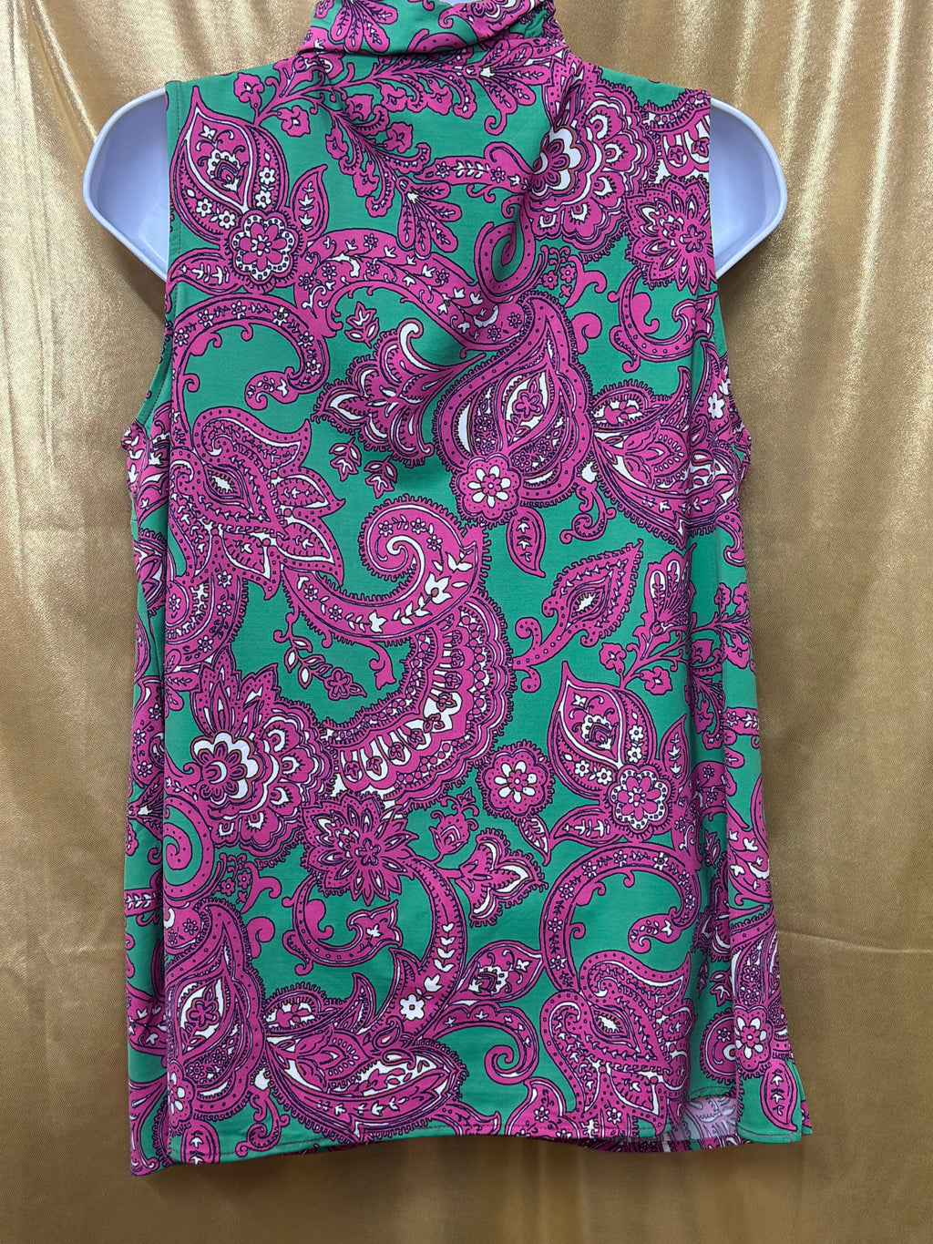 Crown & Ivy Pink Green Paisley Ruffle Neck Sleeveless Top Size L Nylon Spandex