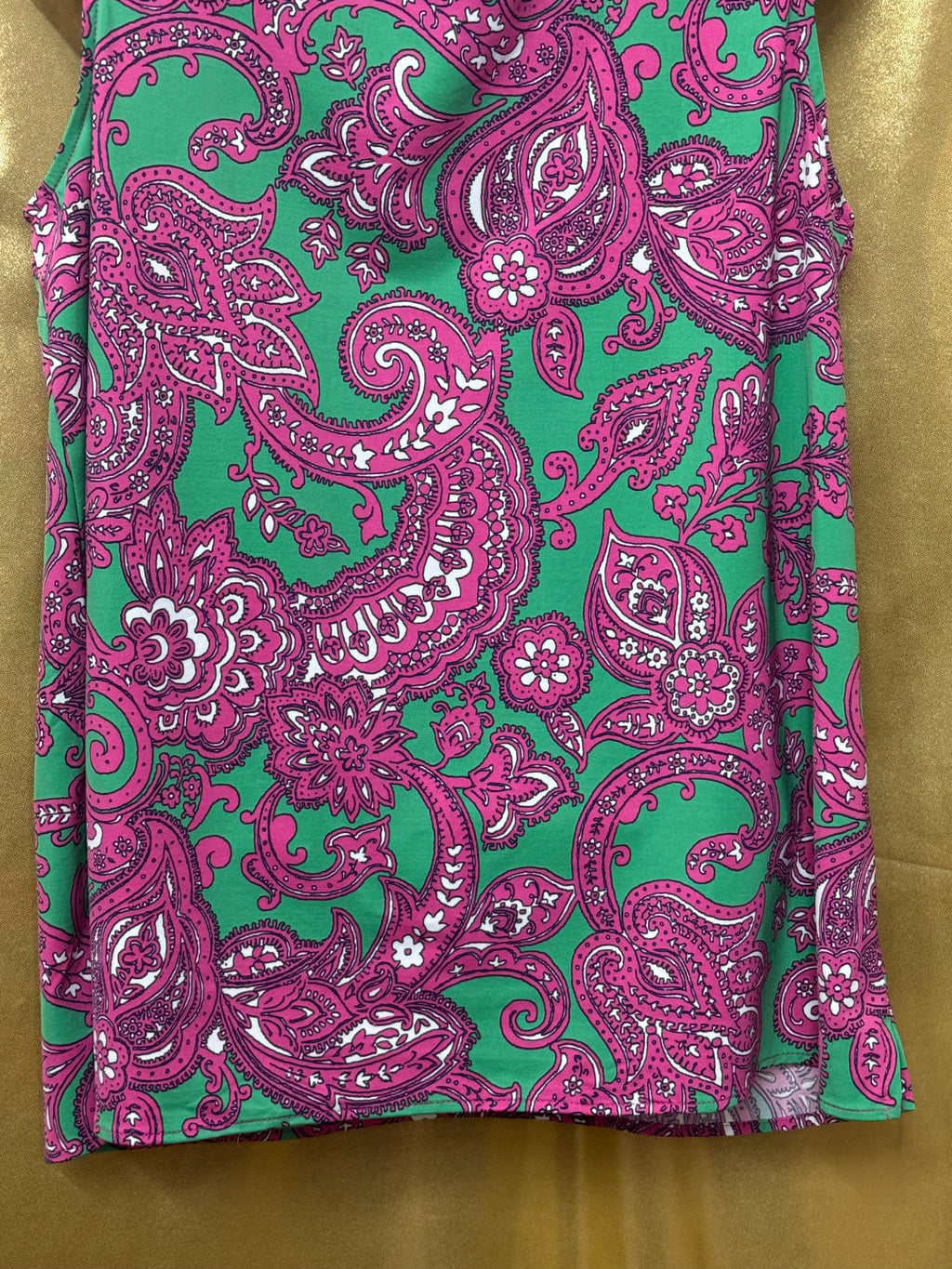 Crown & Ivy Pink Green Paisley Ruffle Neck Sleeveless Top Size L Nylon Spandex