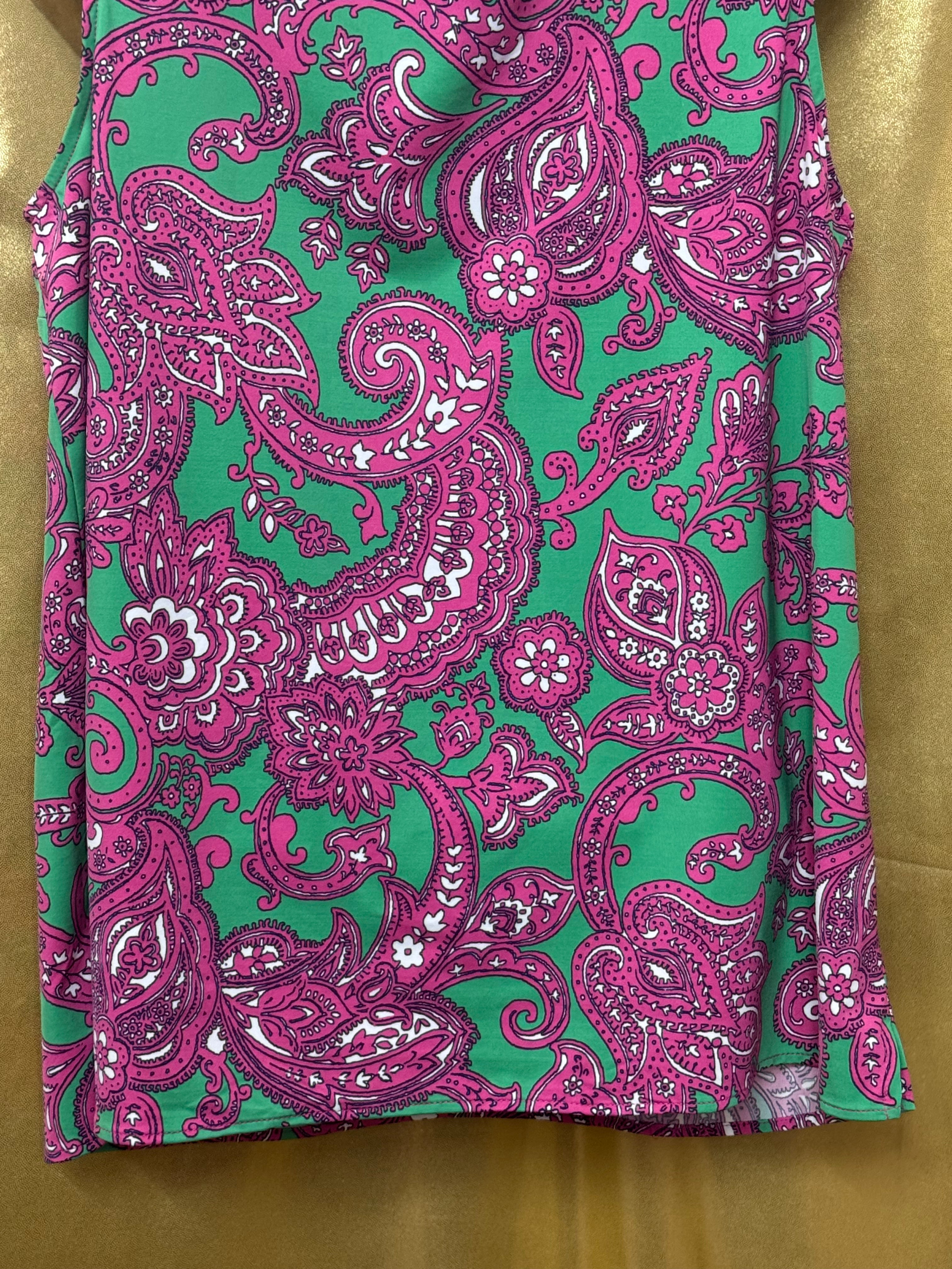 Crown & Ivy Pink Green Paisley Ruffle Neck Sleeveless Top Size L Nylon Spandex
