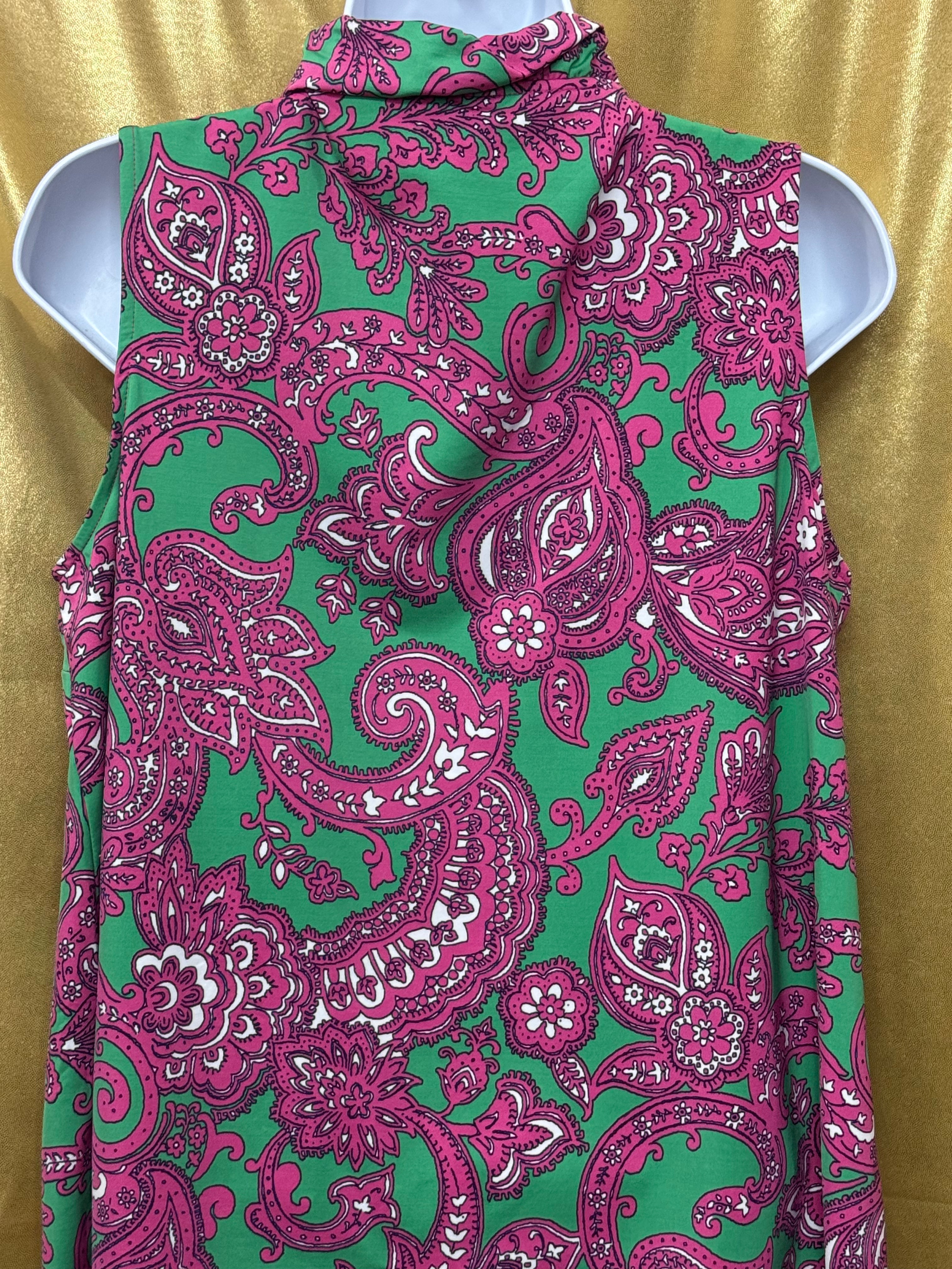 Crown & Ivy Pink Green Paisley Ruffle Neck Sleeveless Top Size L Nylon Spandex