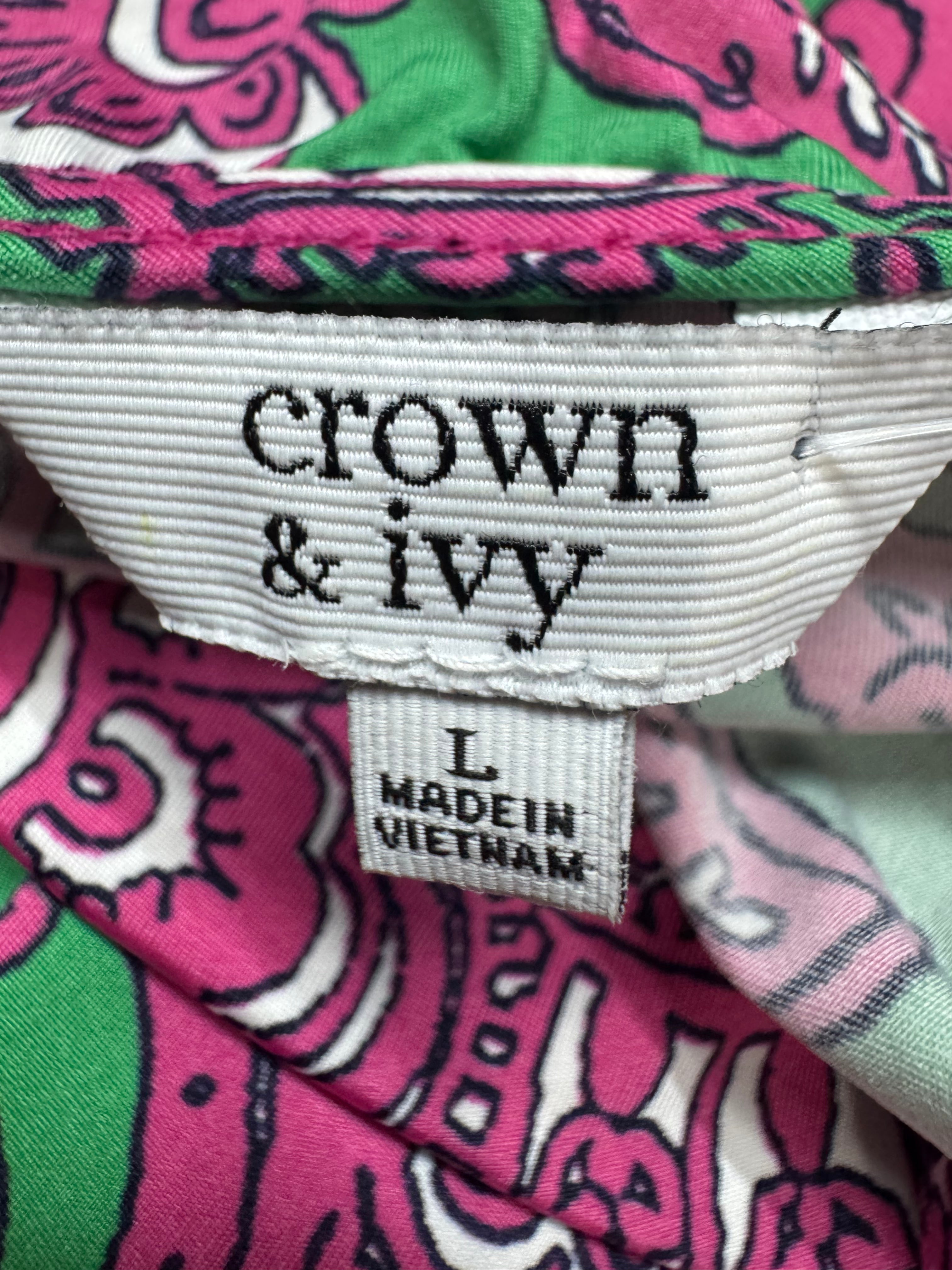 Crown & Ivy Pink Green Paisley Ruffle Neck Sleeveless Top Size L Nylon Spandex