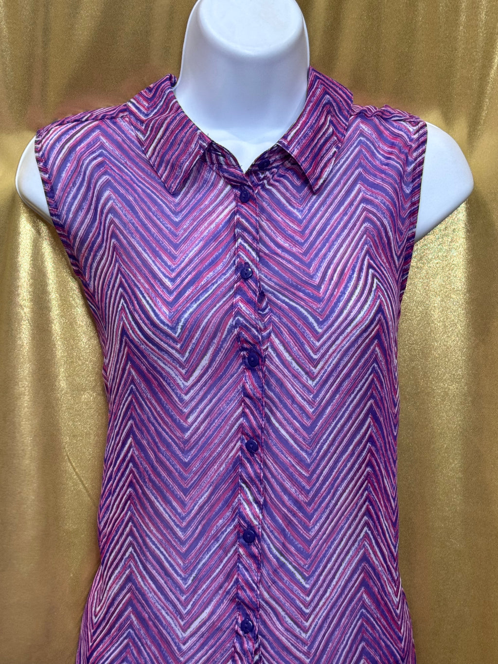 Cato Sheer Chevron Sleeveless Button Down Blouse Pink Purple Size Large
