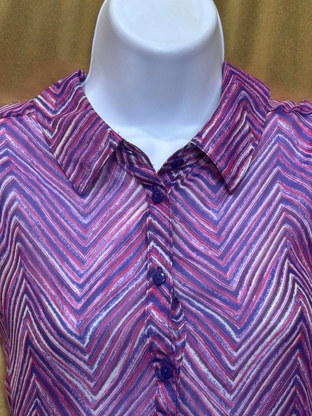 Cato Sheer Chevron Sleeveless Button Down Blouse Pink Purple Size Large
