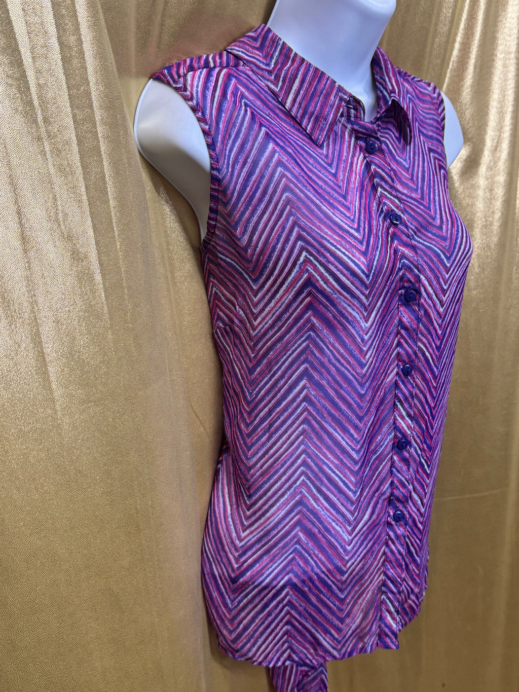 Cato Sheer Chevron Sleeveless Button Down Blouse Pink Purple Size Large