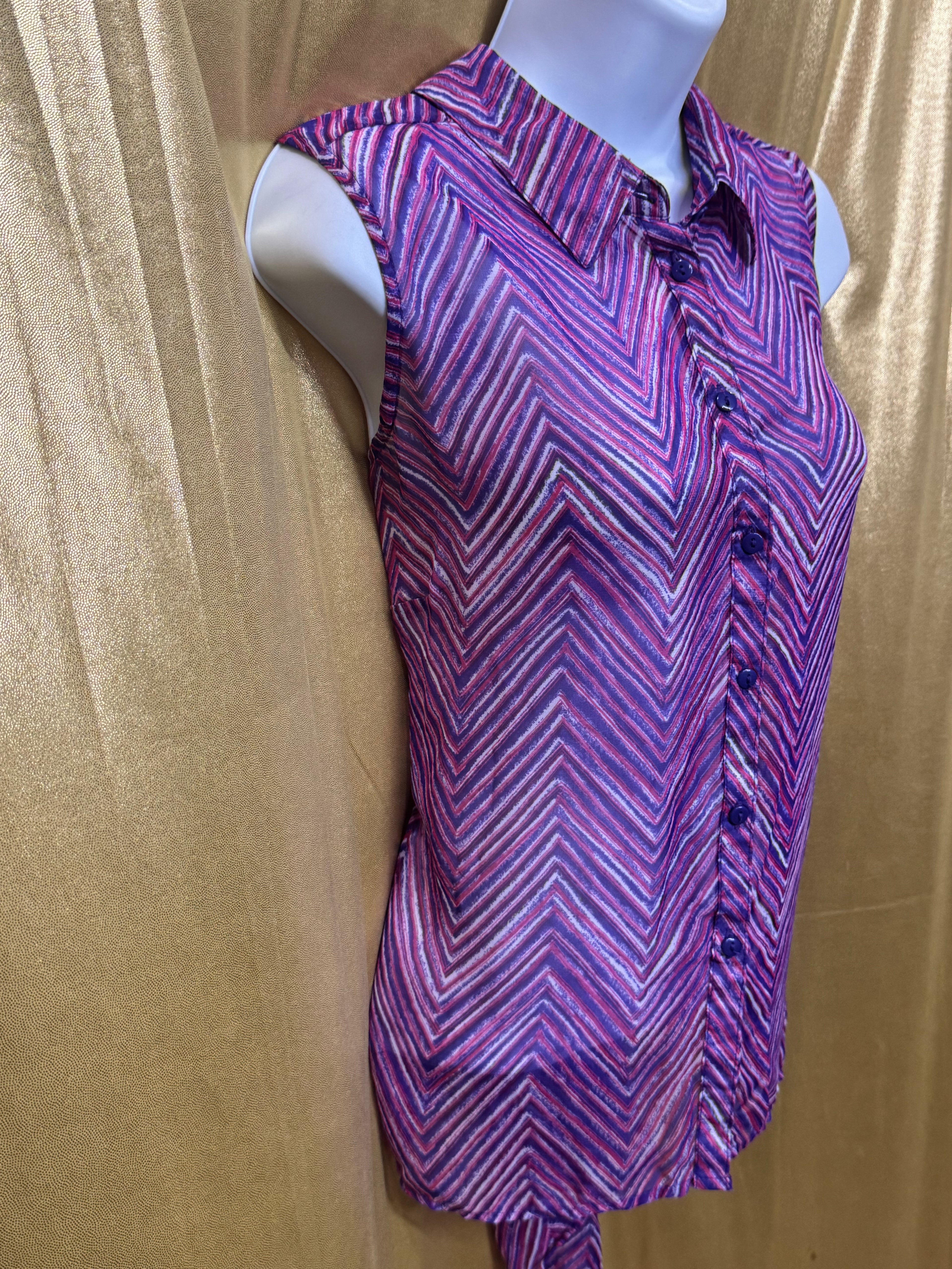 Cato Sheer Chevron Sleeveless Button Down Blouse Pink Purple Size Large