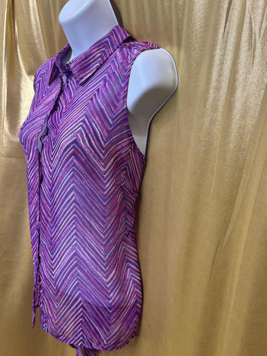 Cato Sheer Chevron Sleeveless Button Down Blouse Pink Purple Size Large