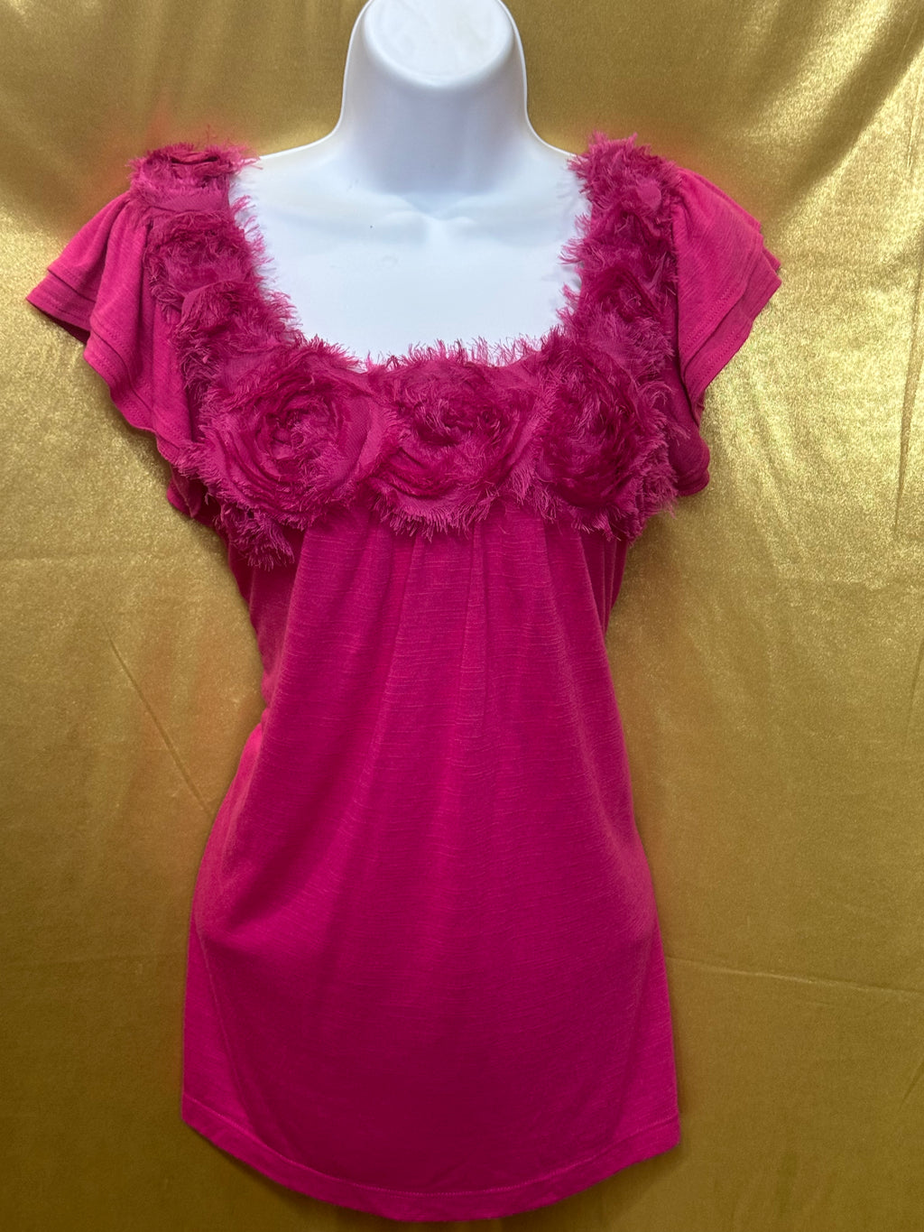 Cato Hot Pink Rosette Neck Ruffle Top - Size L