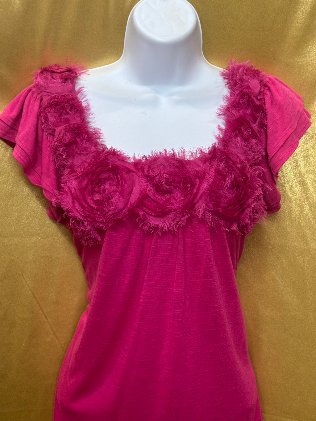 Cato Hot Pink Rosette Neck Ruffle Top - Size L