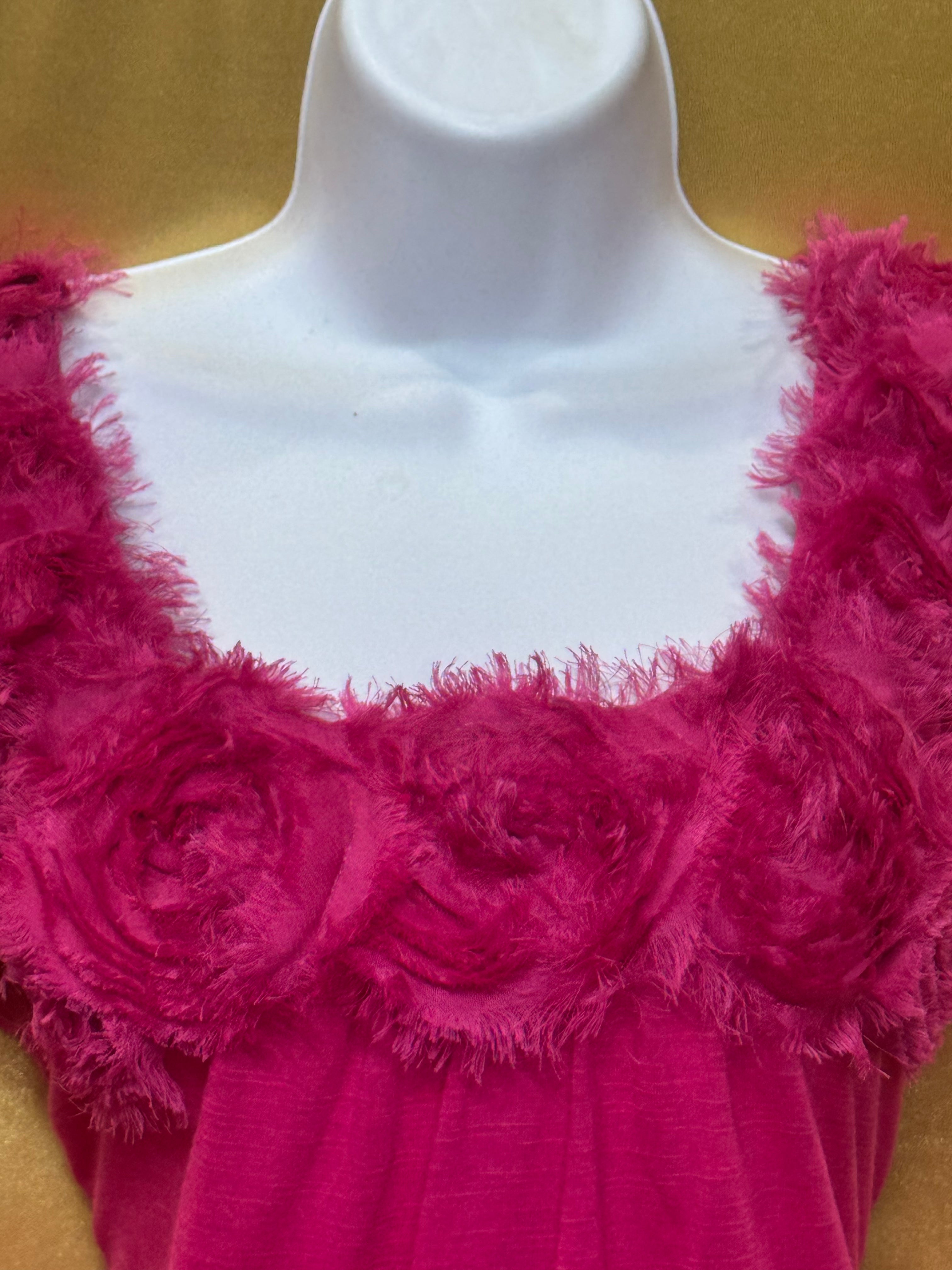 Cato Hot Pink Rosette Neck Ruffle Top - Size L