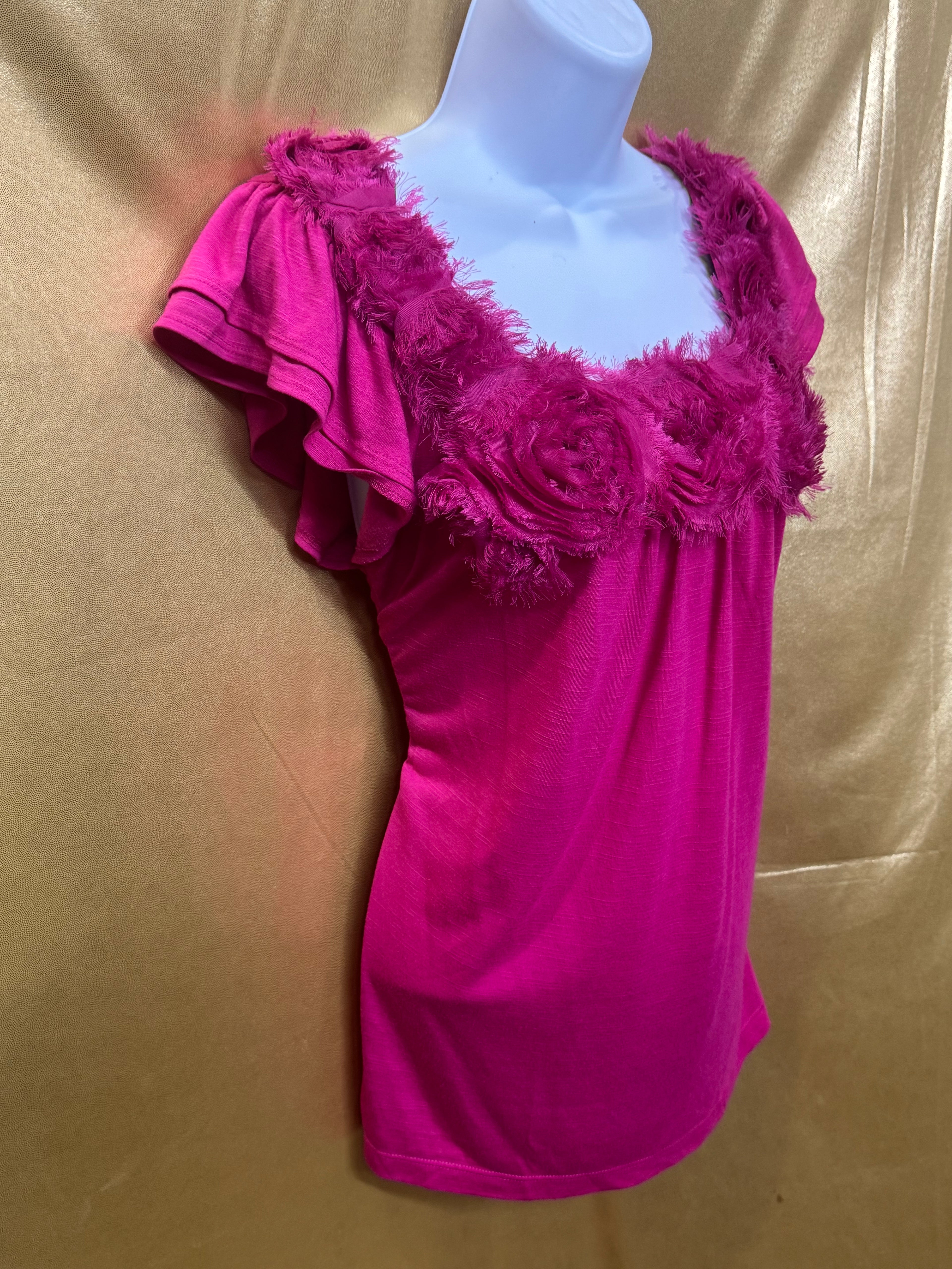 Cato Hot Pink Rosette Neck Ruffle Top - Size L