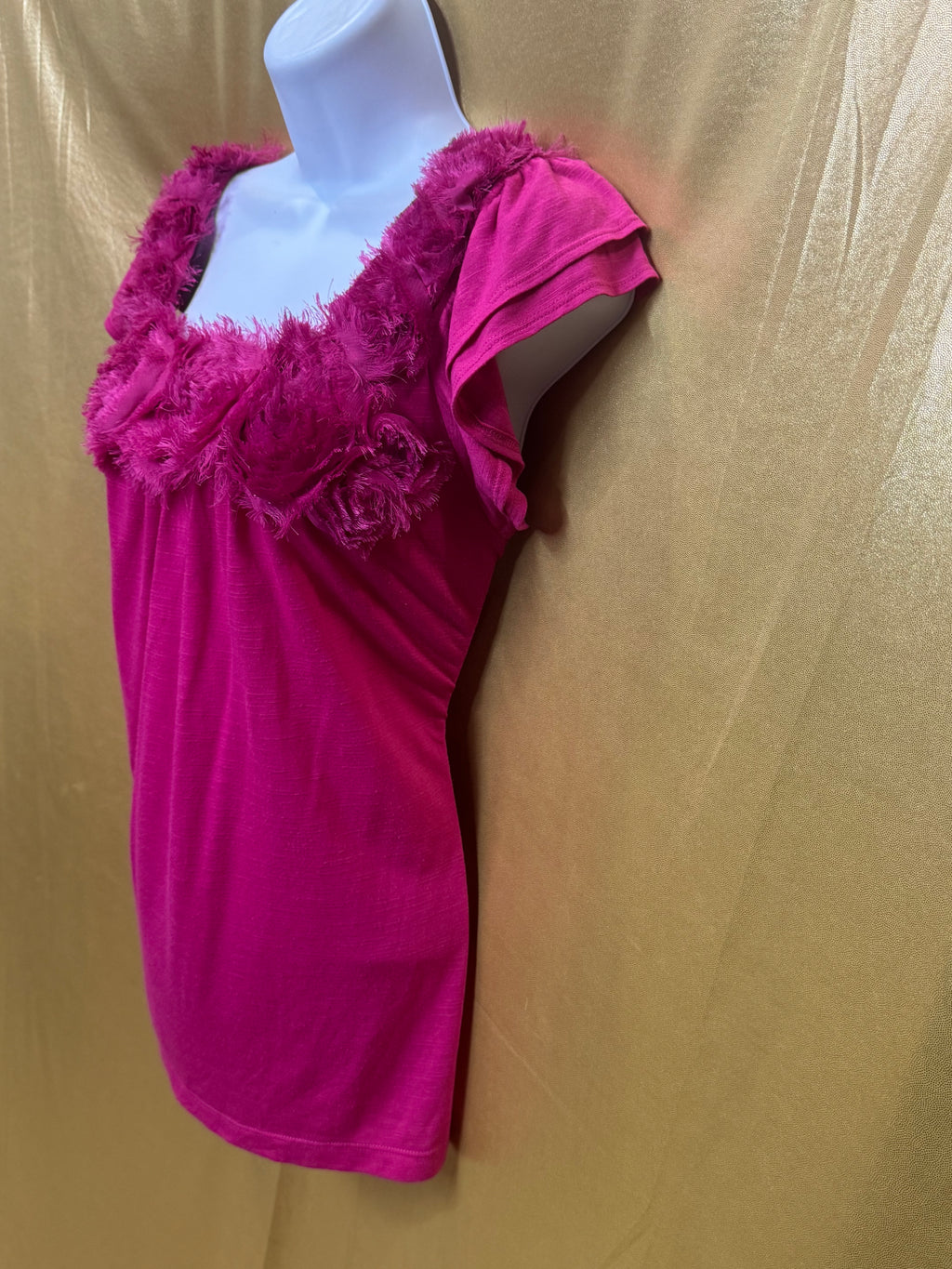 Cato Hot Pink Rosette Neck Ruffle Top - Size L