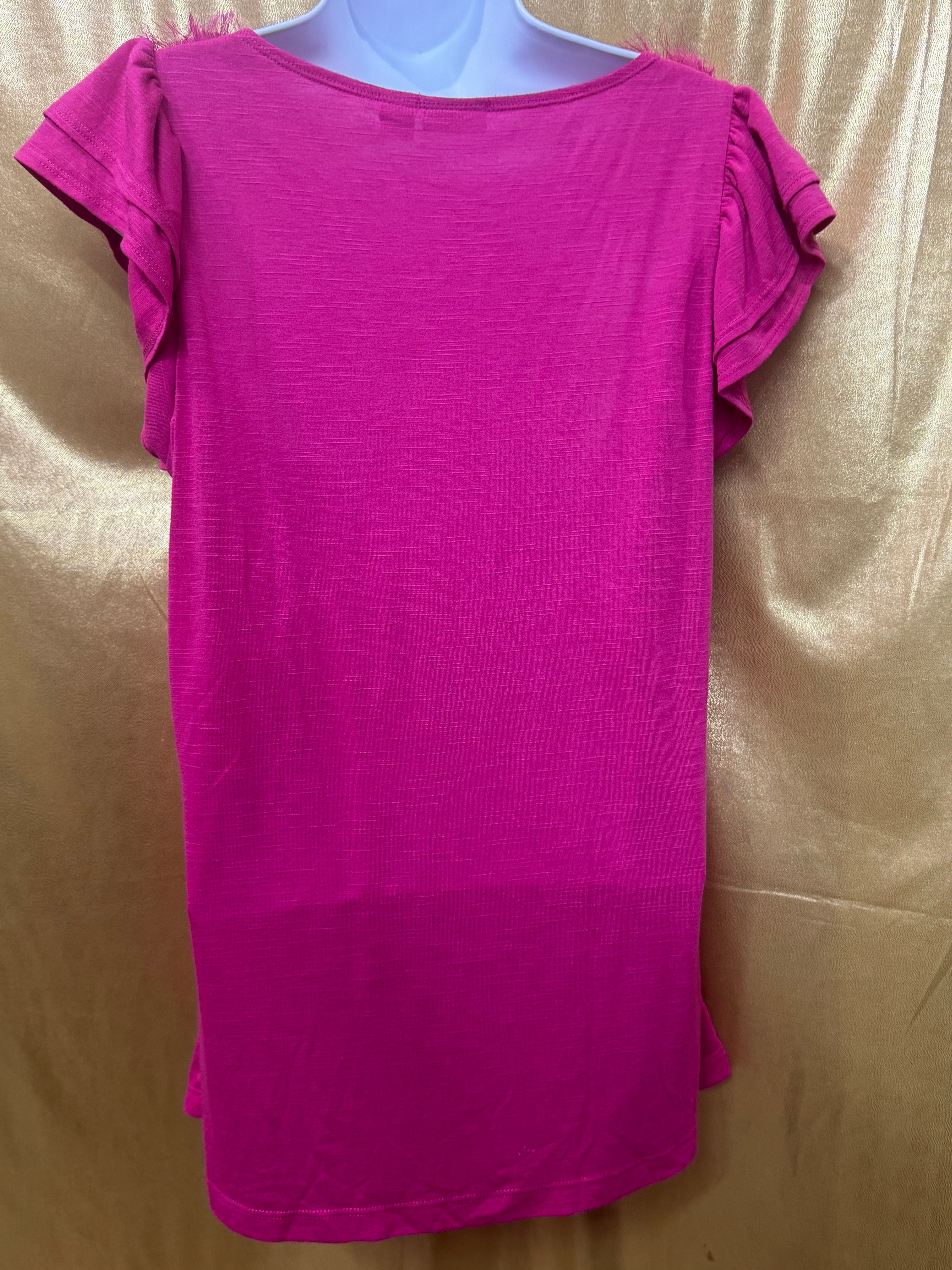 Cato Hot Pink Rosette Neck Ruffle Top - Size L