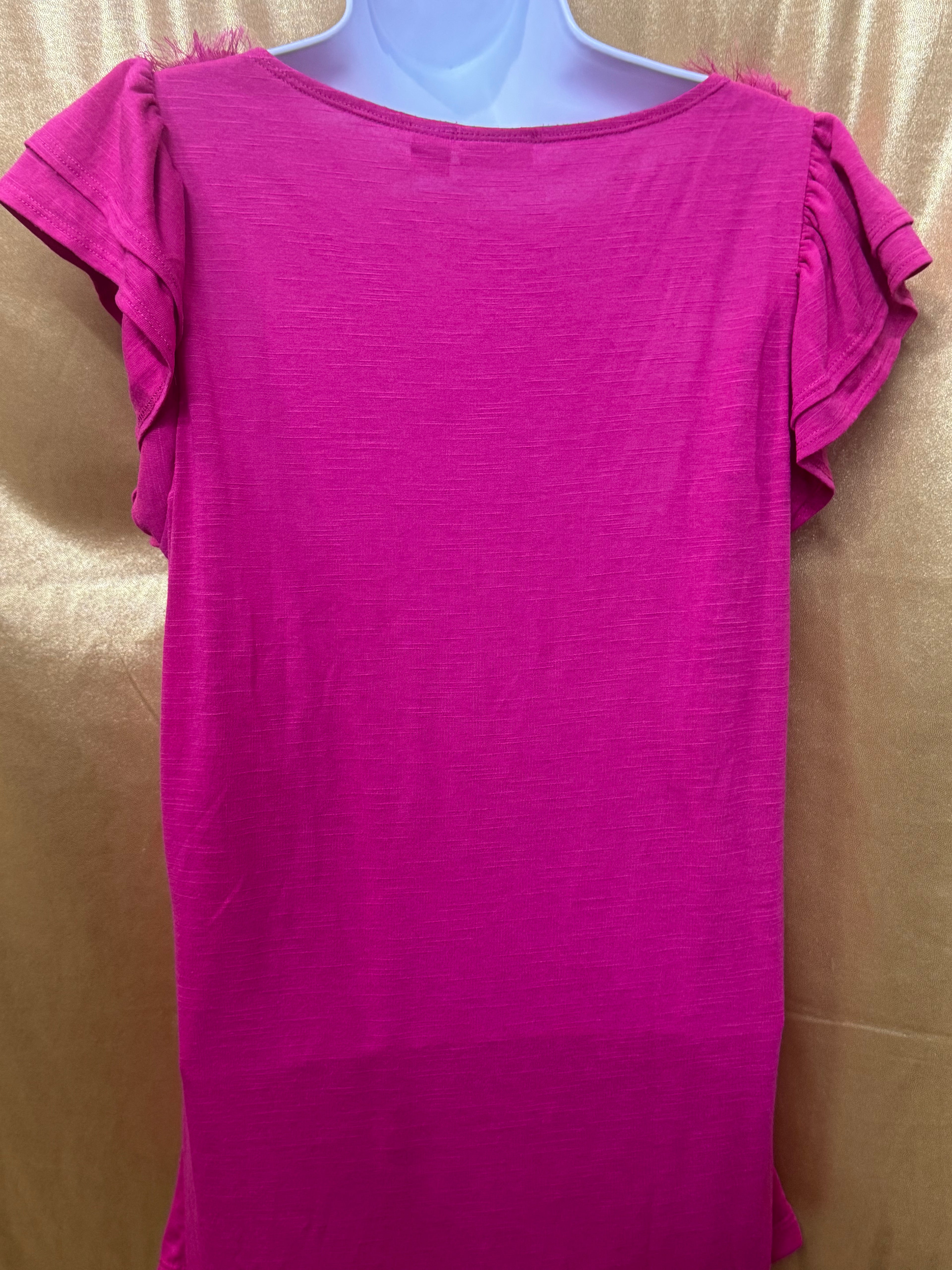 Cato Hot Pink Rosette Neck Ruffle Top - Size L
