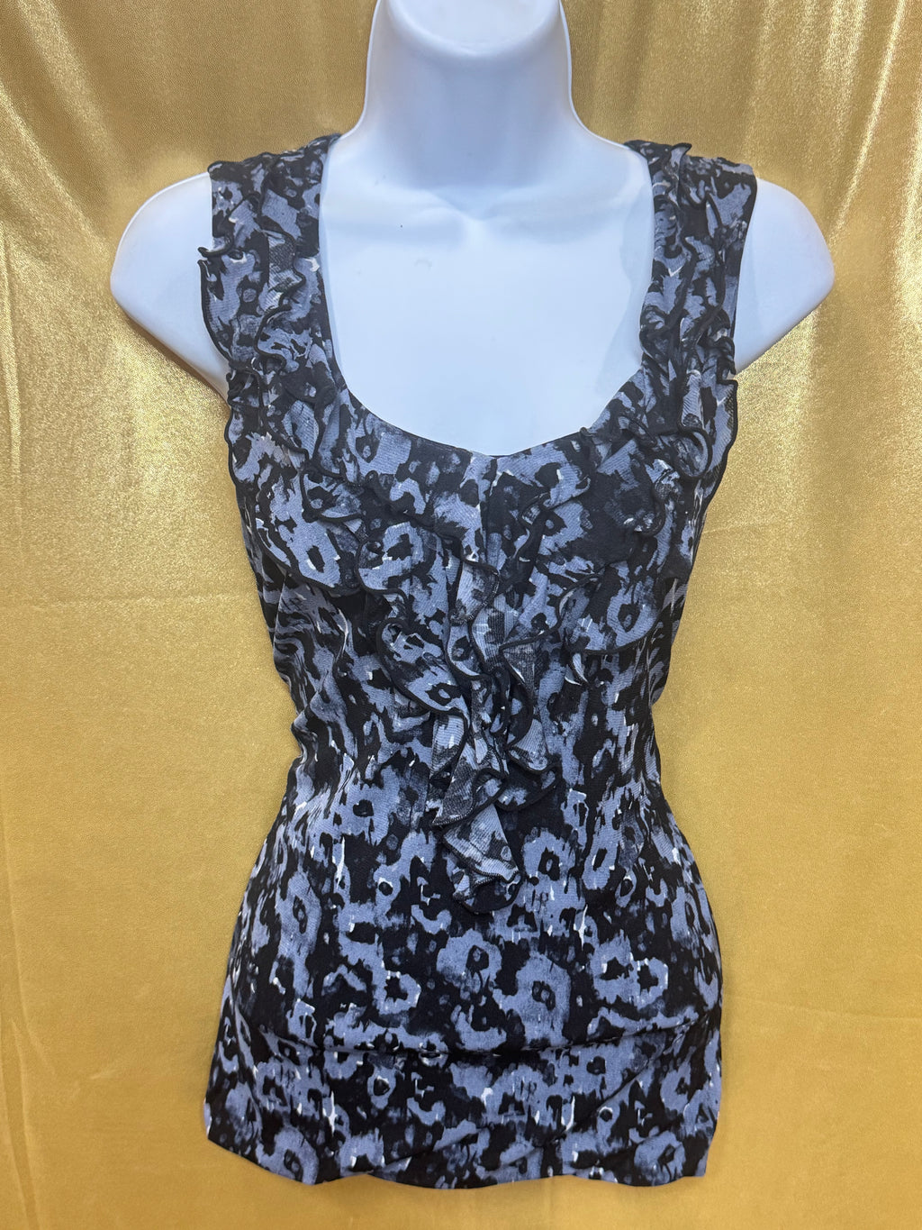 Halogen Blue Gray Leopard Print Ruffle Tank Top L Large Petite LP Nylon