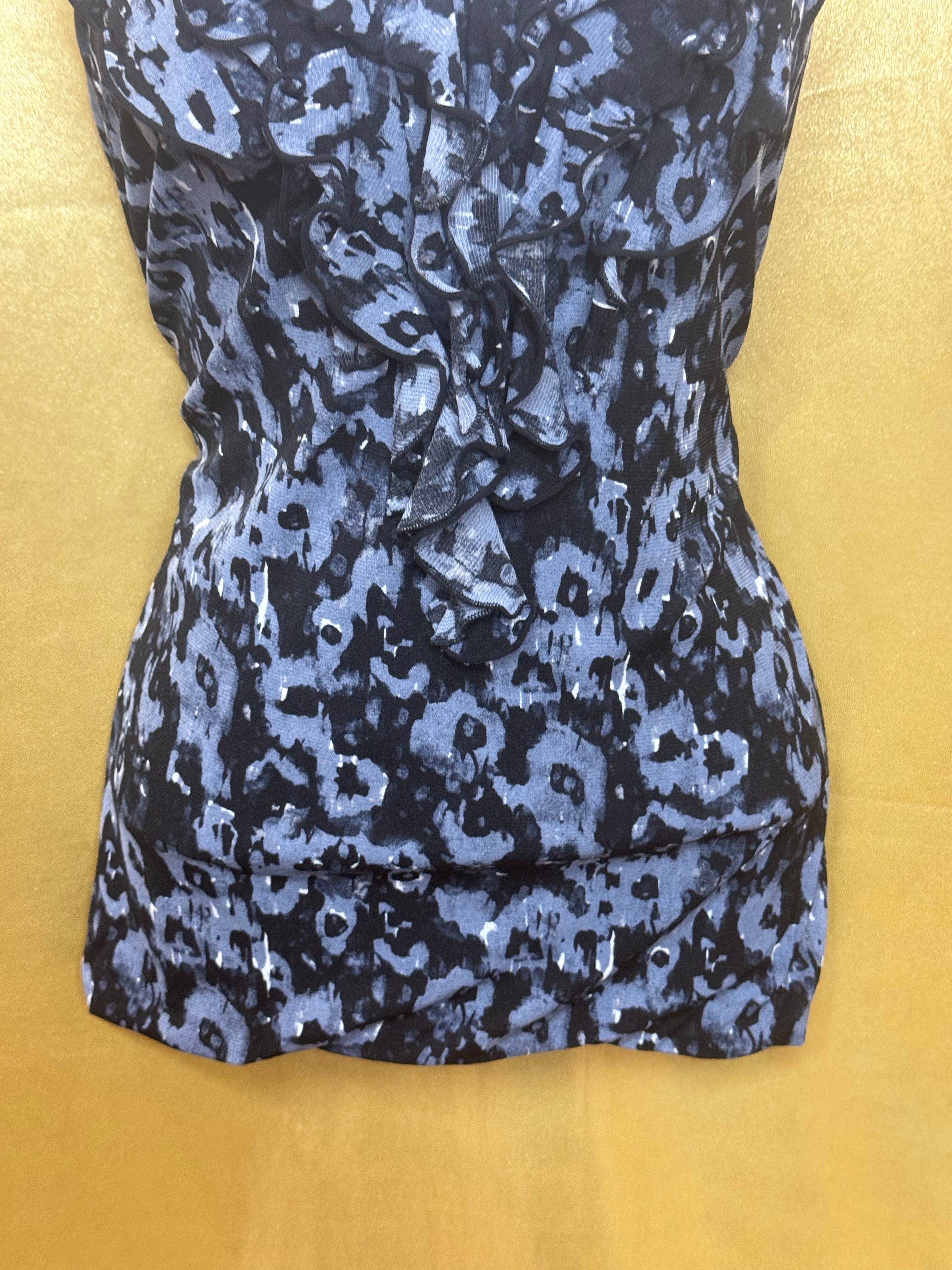 Halogen Blue Gray Leopard Print Ruffle Tank Top L Large Petite LP Nylon