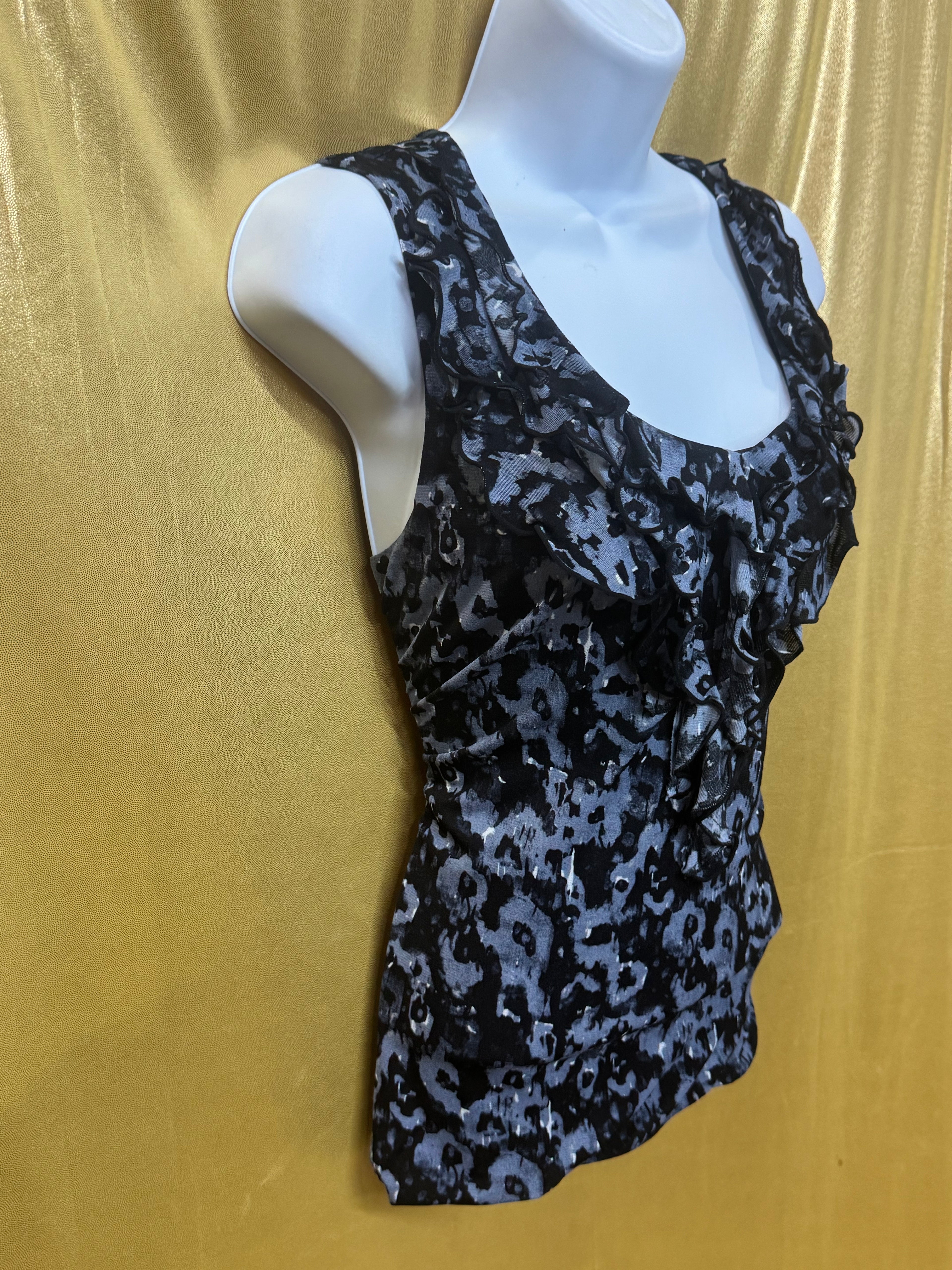 Halogen Blue Gray Leopard Print Ruffle Tank Top L Large Petite LP Nylon