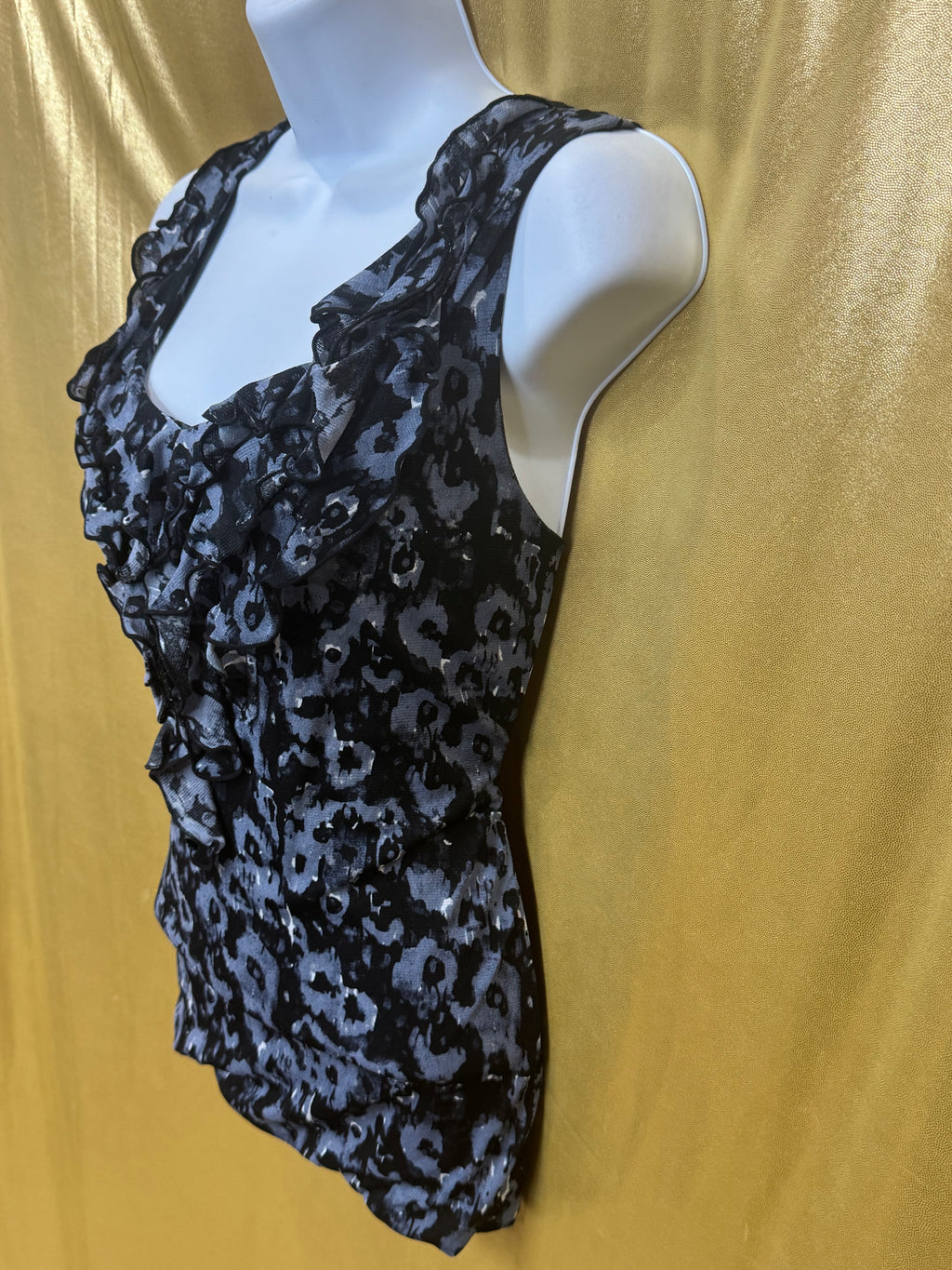Halogen Blue Gray Leopard Print Ruffle Tank Top L Large Petite LP Nylon